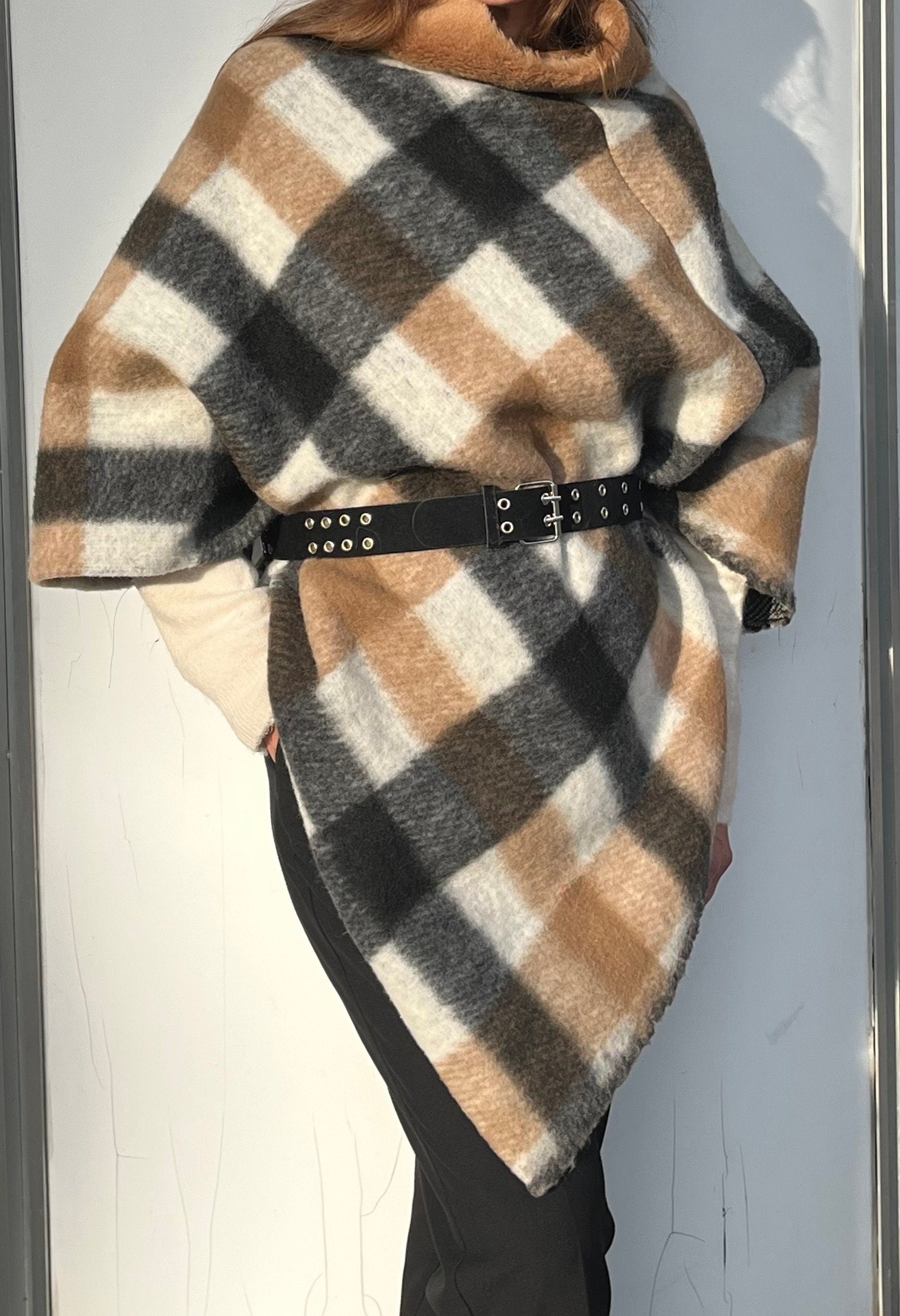 PONCHO MANTELLA DONNA -Poncho Tartan Lana-Poncho Lungo Donna- Poncho Pullover Collo Teddy, Poncho Mantella Lana, Poncho fatto a mano