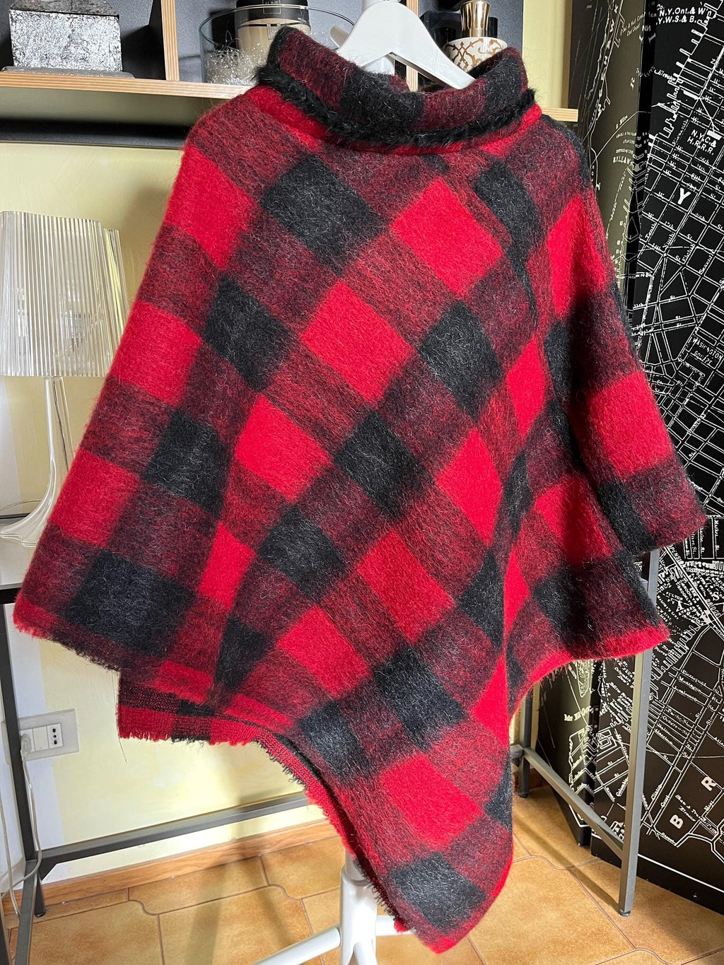 PONCHO MANTELLA DONNA -Poncho Plaid Lana&Mohair-Poncho Lungo Donna- Poncho Pullover con  Collo, Poncho Mantella Lana, Poncho fatto a mano