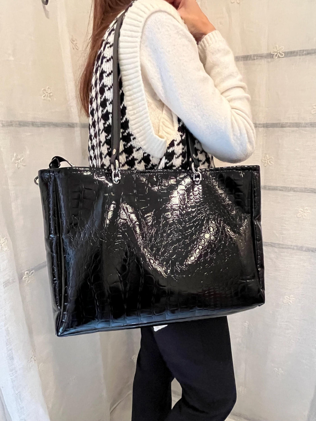 BORSA SHOPPER NERA Cocco Vegan con Tracolla e Pochette – Borsa Donna Grande a Mano o Spalla, Elegante per Lavoro e Tempo Libero