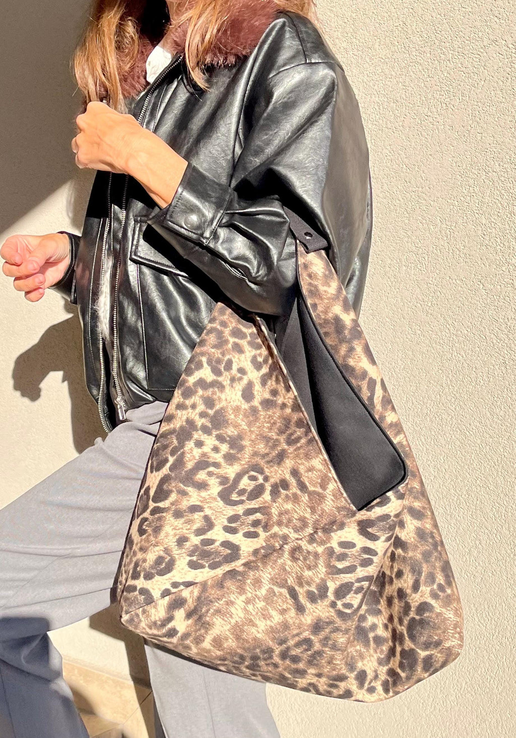 BORSA TOTE ORIGAMI Bento Grande in Velur Animalier Beige-Nero/Interno Nero-Borsa spalla donna made in Italy