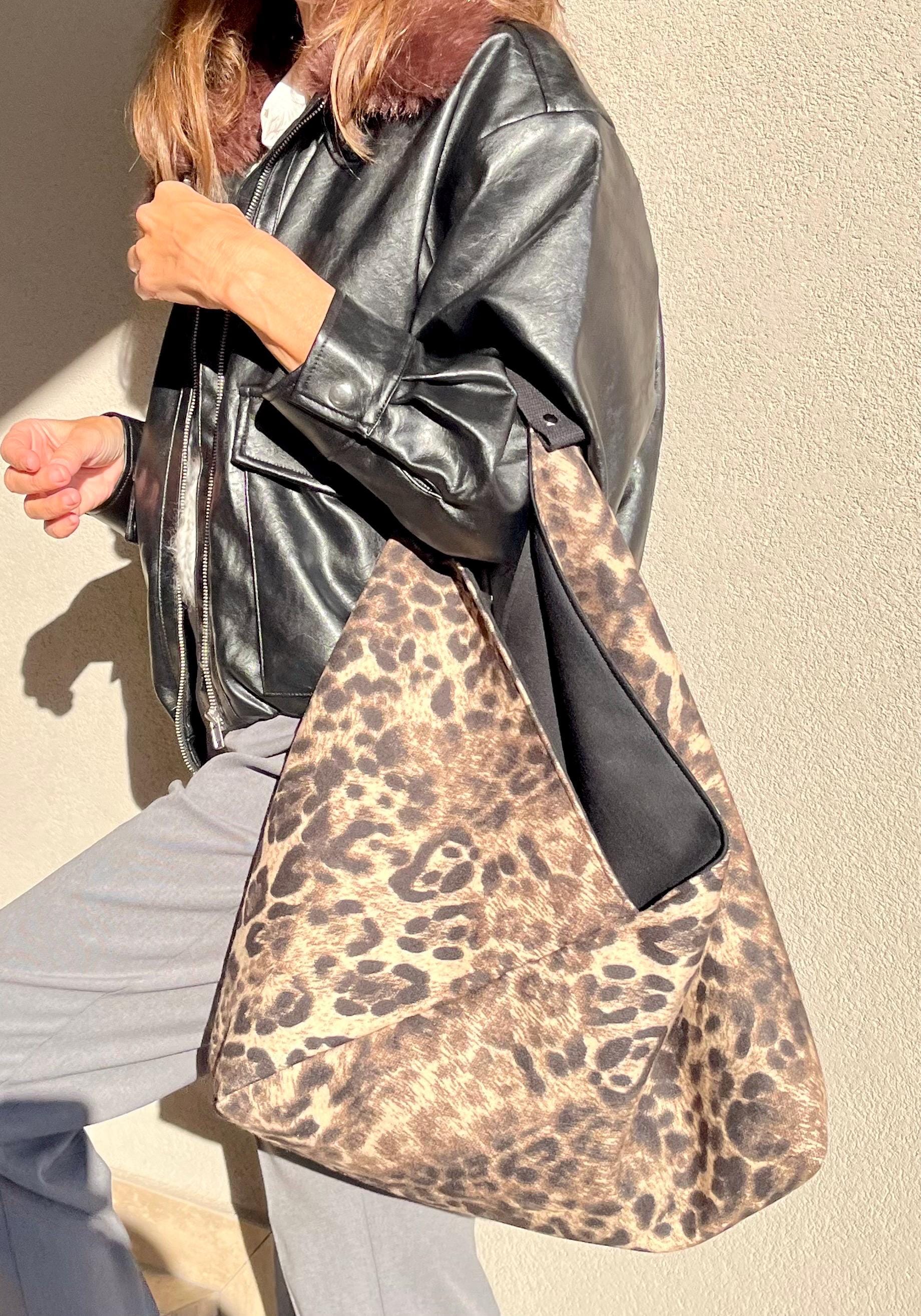 BORSA TOTE ORIGAMI Bento Grande in Velur Animalier Beige-Nero/Interno Nero-Borsa spalla donna made in Italy