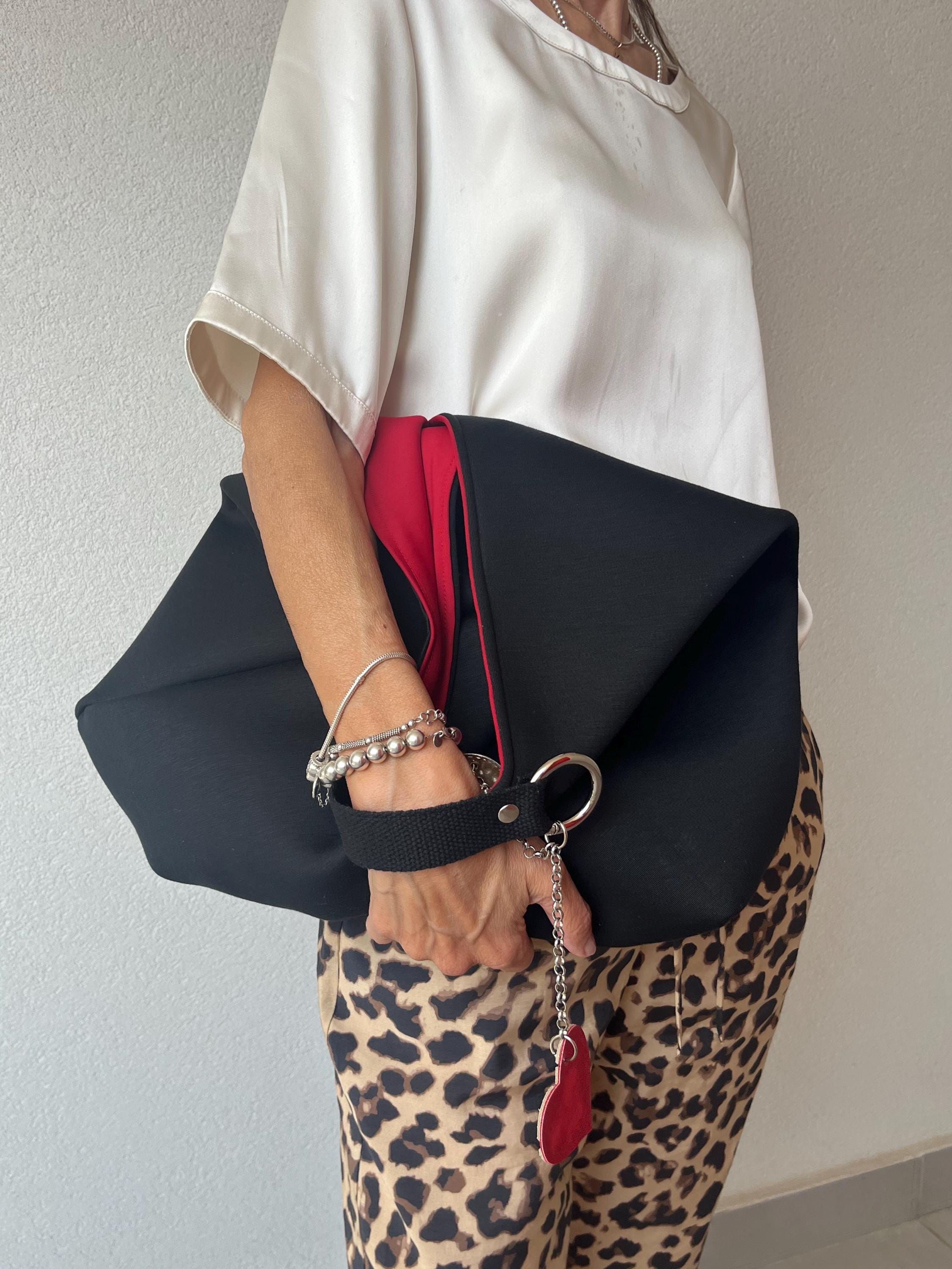 GRANDE BORSA TOTE Origami Bento in Neoprene Nero e Interno Rosso-Made in Italy