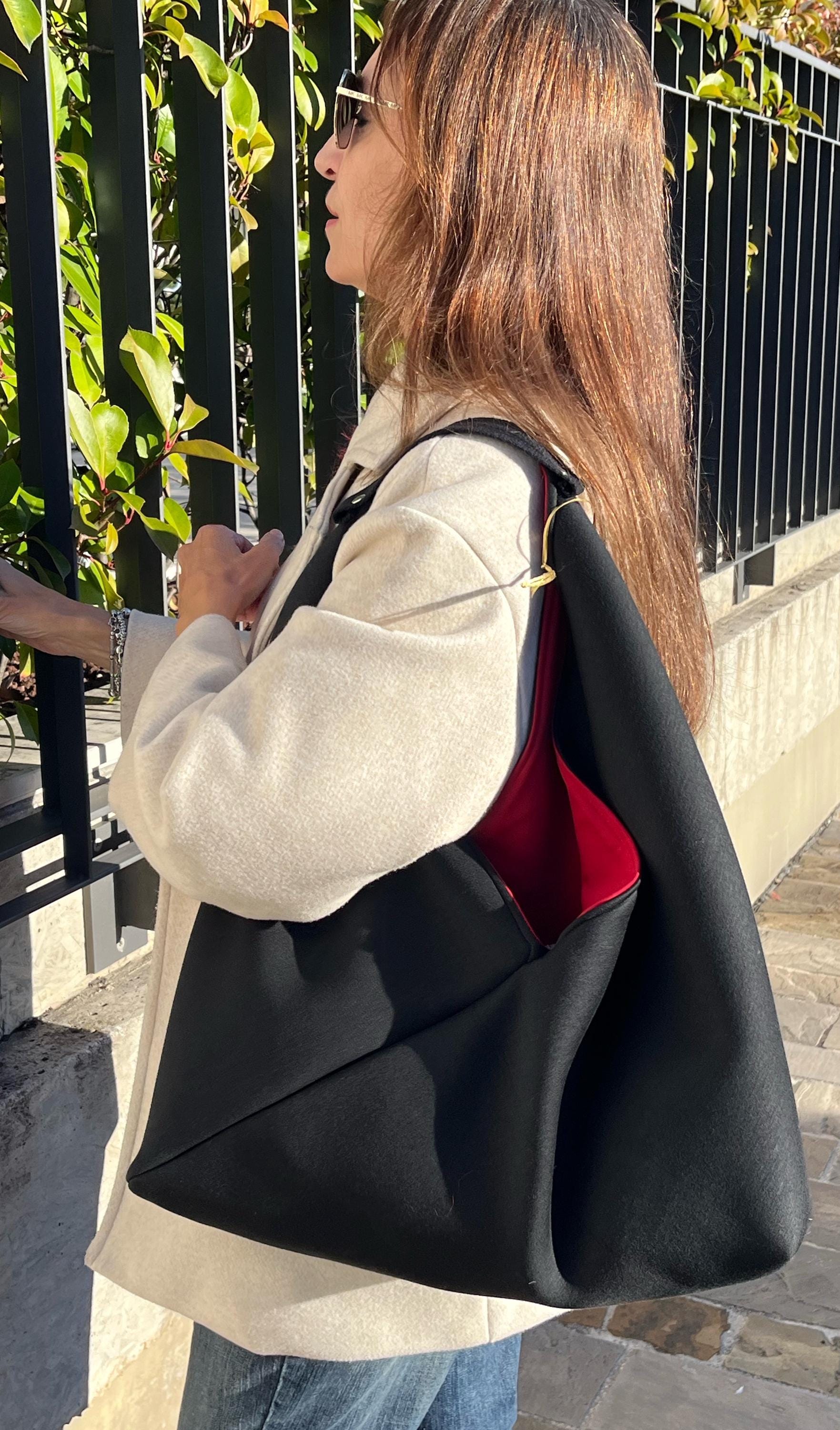 BORSA TOTE GRANDE Donna-Borsa di Lusso fatta a mano-Borsa Origami Neoprene Nero-Regalo per lei-Borsa Lavoro/Viaggio-Borsa Triangolare Donna