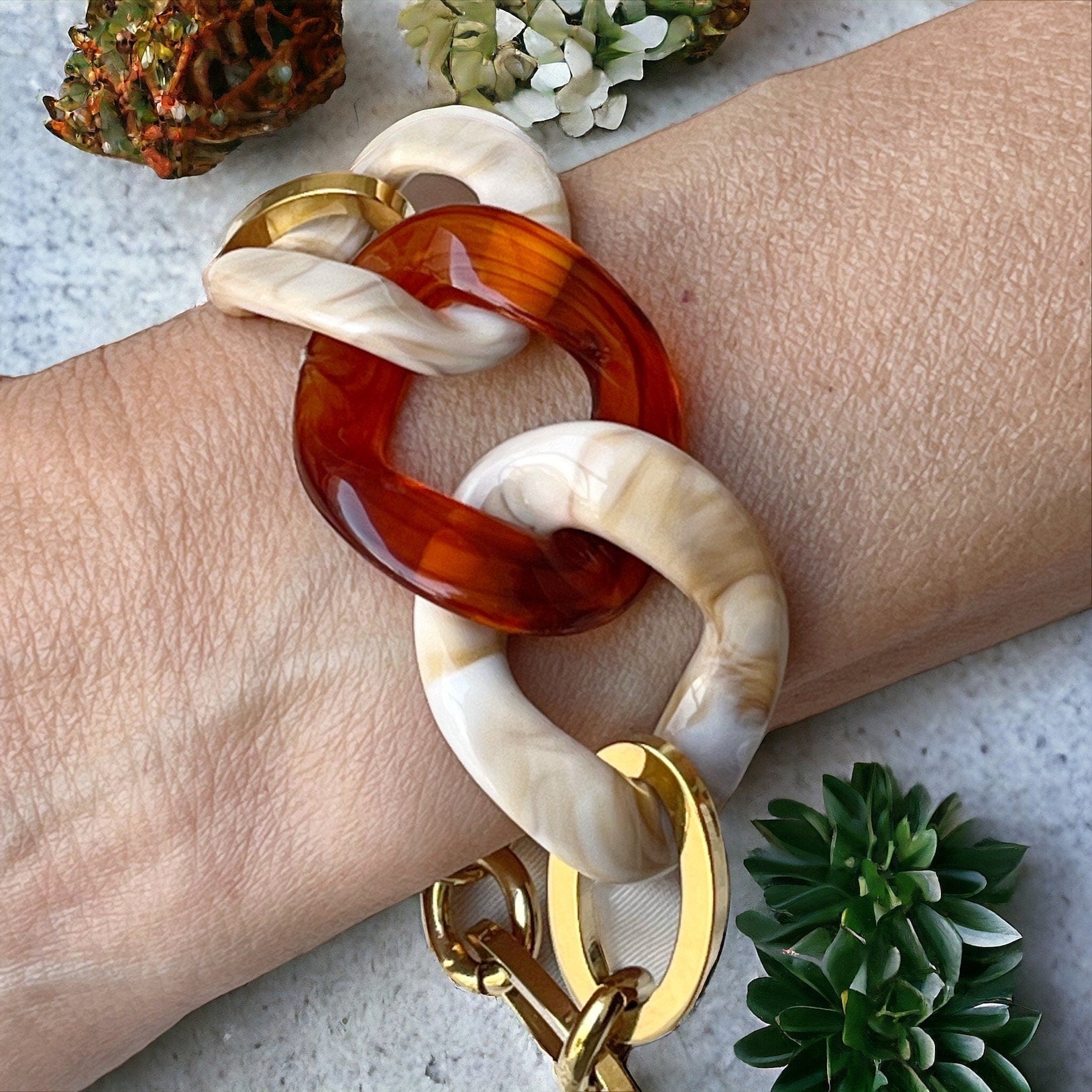 BRACCIALE MAGLIE ACRILICHE-Bracciale Donna Tartaruga/Osso-Bracciale Maglia Piatta Larga-Bracciale Personalizzabile-Regalo Per Lei