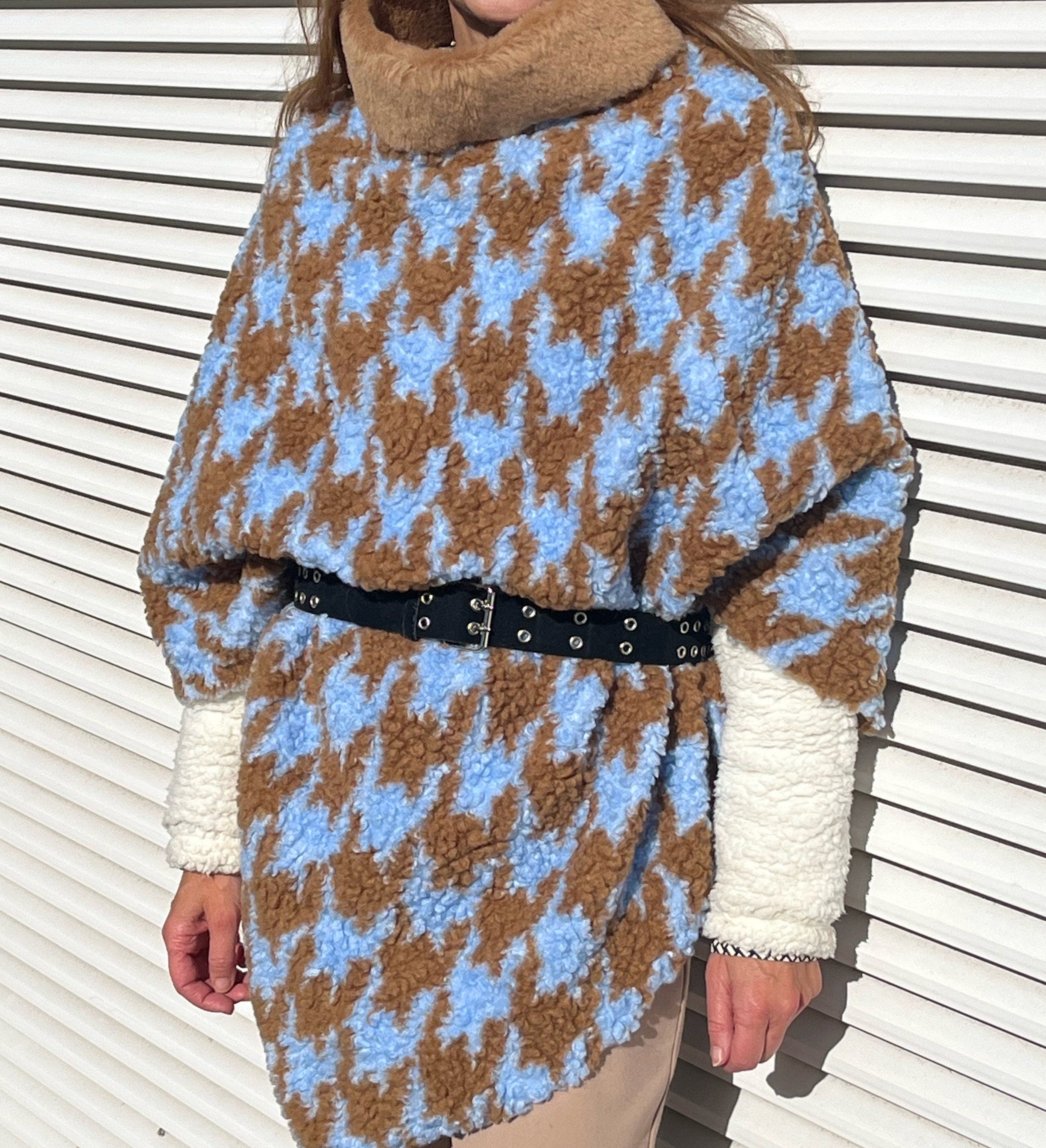 PONCHO MANTELLA DONNA -Poncho Tweed Lana Boucle-Poncho Donna- Poncho Pullover Collo Teddy, Poncho Mantella Lana, Poncho fatto a mano