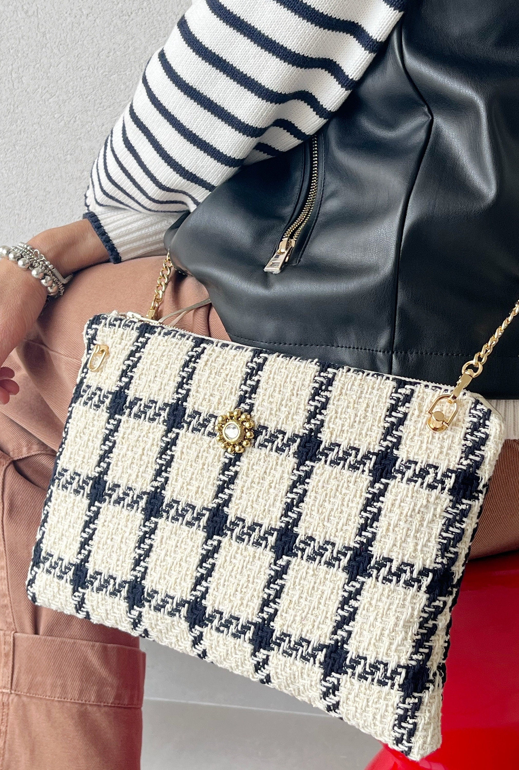 BORSA TRACOLLA DONNA-Borsa  Tweed&Catena Dorata-Borsa Tessuto di Lusso- Regalo Personalizzabile Donna-Borsa Mano/Spalla-Borsa fatta a mano