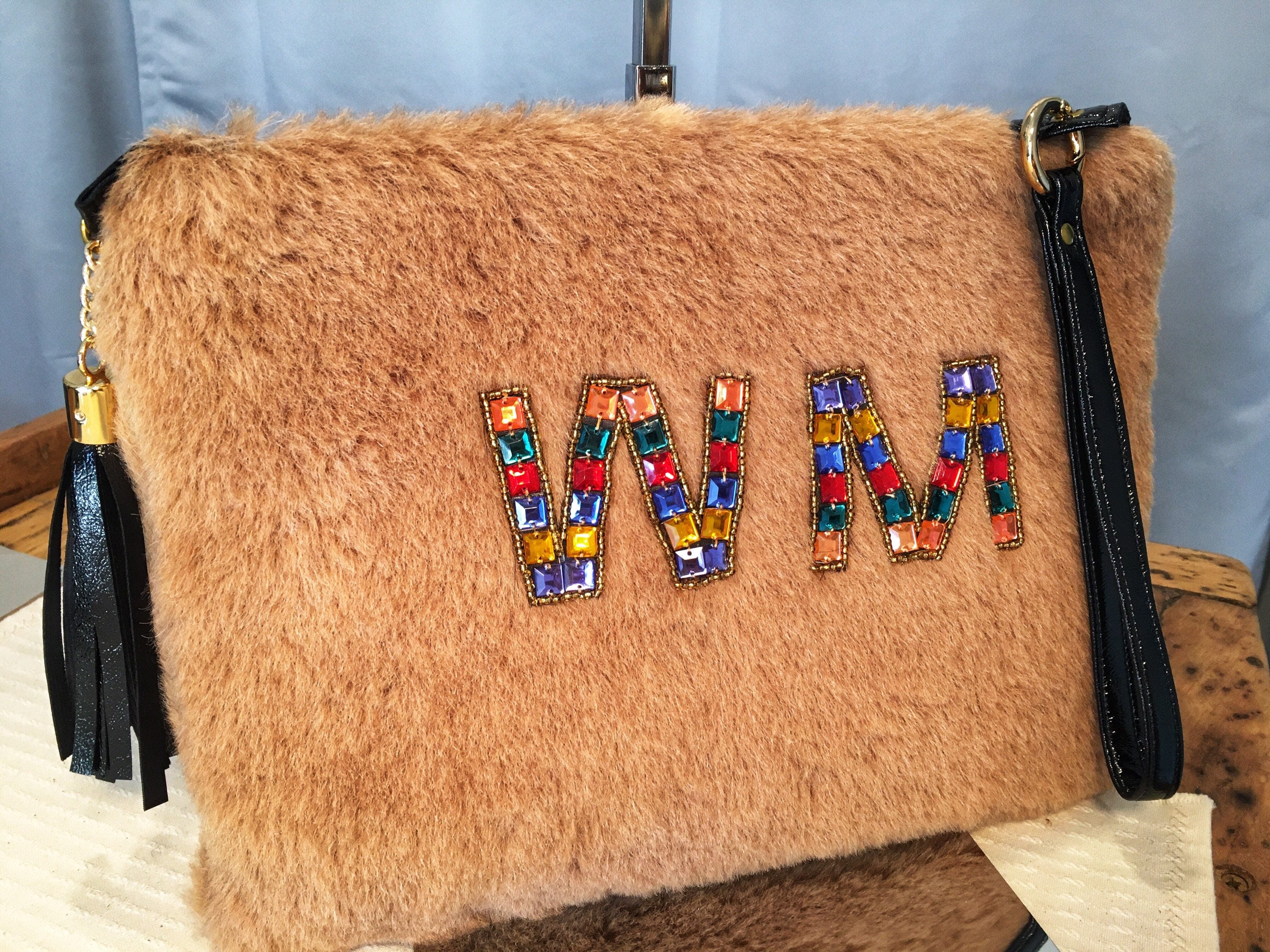 POCHETTE TEDDY GRANDE- Borsa Shearling Cammello-Pochette Donna Eco-Pelliccia-Borsa Donna Mano/Polso-Pochette Artigianale con Polsiera