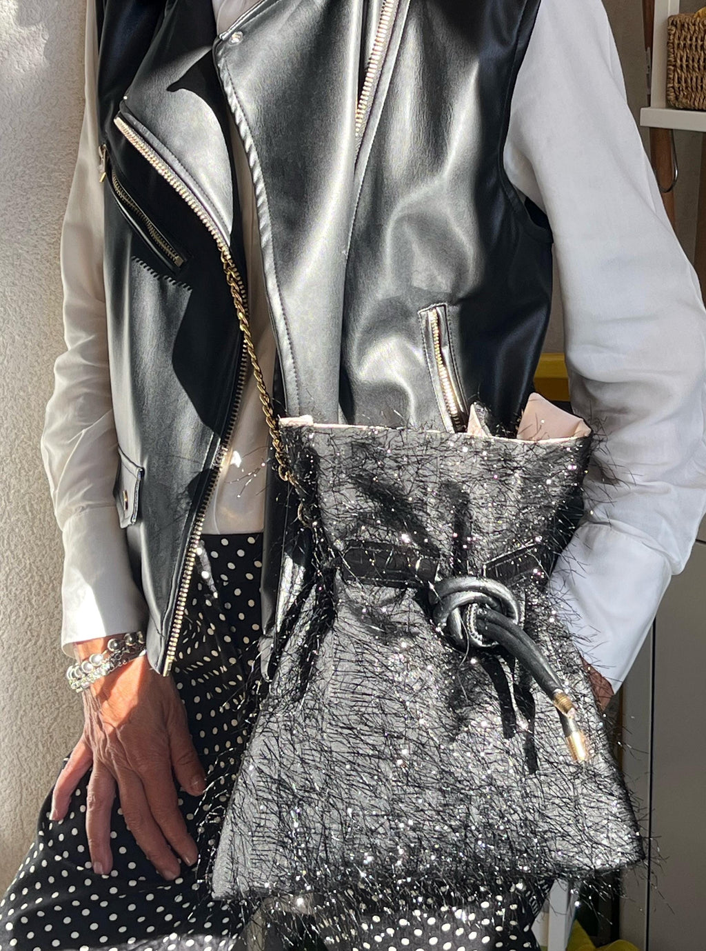 BORSA SECCHIELLO A TRACOLLA-Morbida Borsa a Coulisse con Rouche-Borsa di Lusso Donna-Borsa Cerimonia/Evento-Borsa Donna fatta a mano