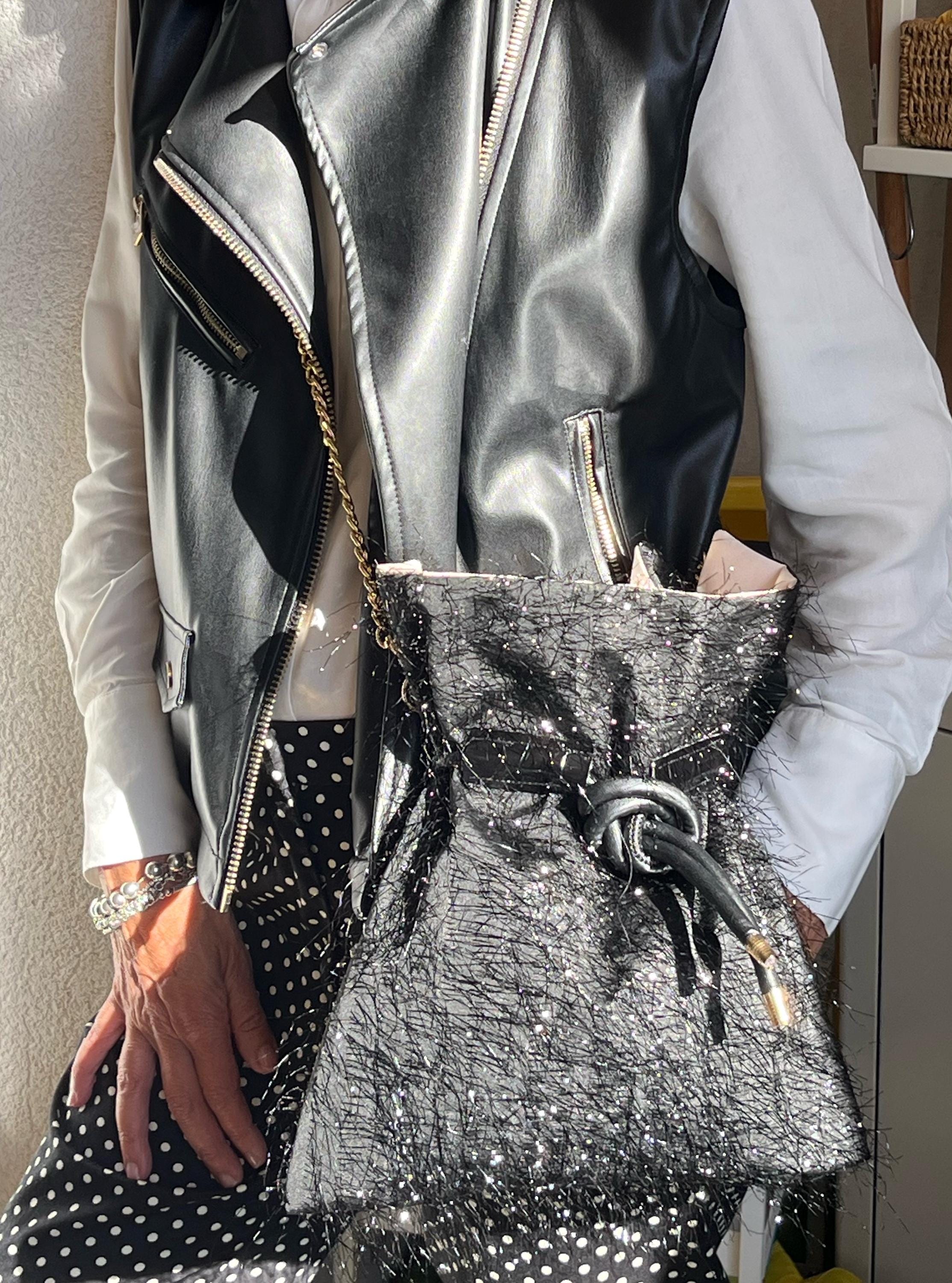 BORSA SECCHIELLO A TRACOLLA-Morbida Borsa a Coulisse con Rouche-Borsa di Lusso Donna-Borsa Cerimonia/Evento-Borsa Donna fatta a mano
