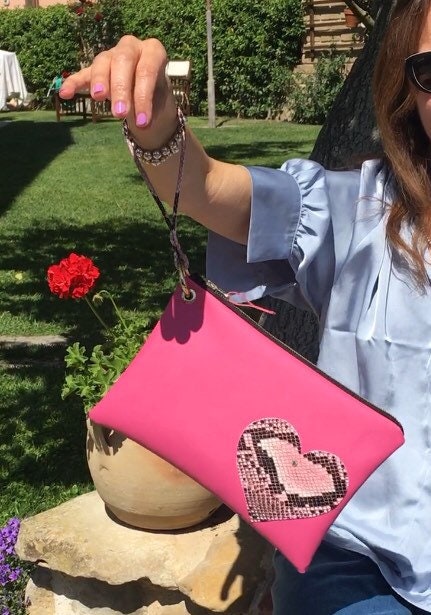 CLUTCH BARBIE CUORE -Clutch Donna con Polsiera-Borsa di Lusso-Borsa Party/Matrimoni-Clutch Ecopelle Cuore-Borsa Mano/Polso-Borsa Artigianale