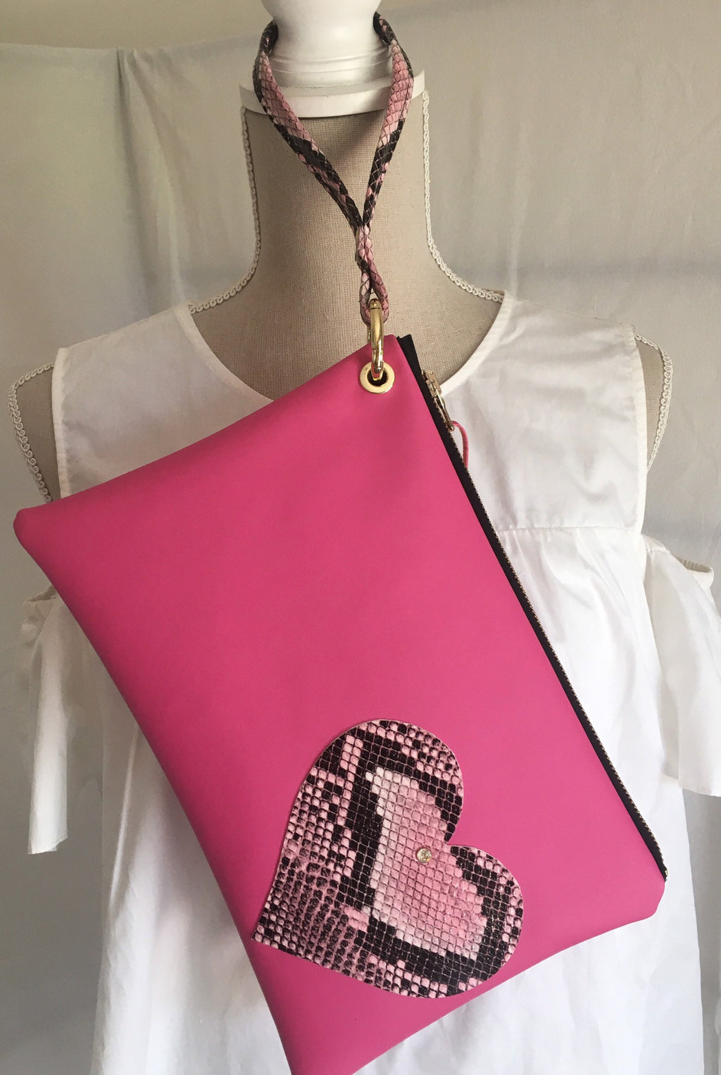 CLUTCH BARBIE CUORE -Clutch Donna con Polsiera-Borsa di Lusso-Borsa Party/Matrimoni-Clutch Ecopelle Cuore-Borsa Mano/Polso-Borsa Artigianale