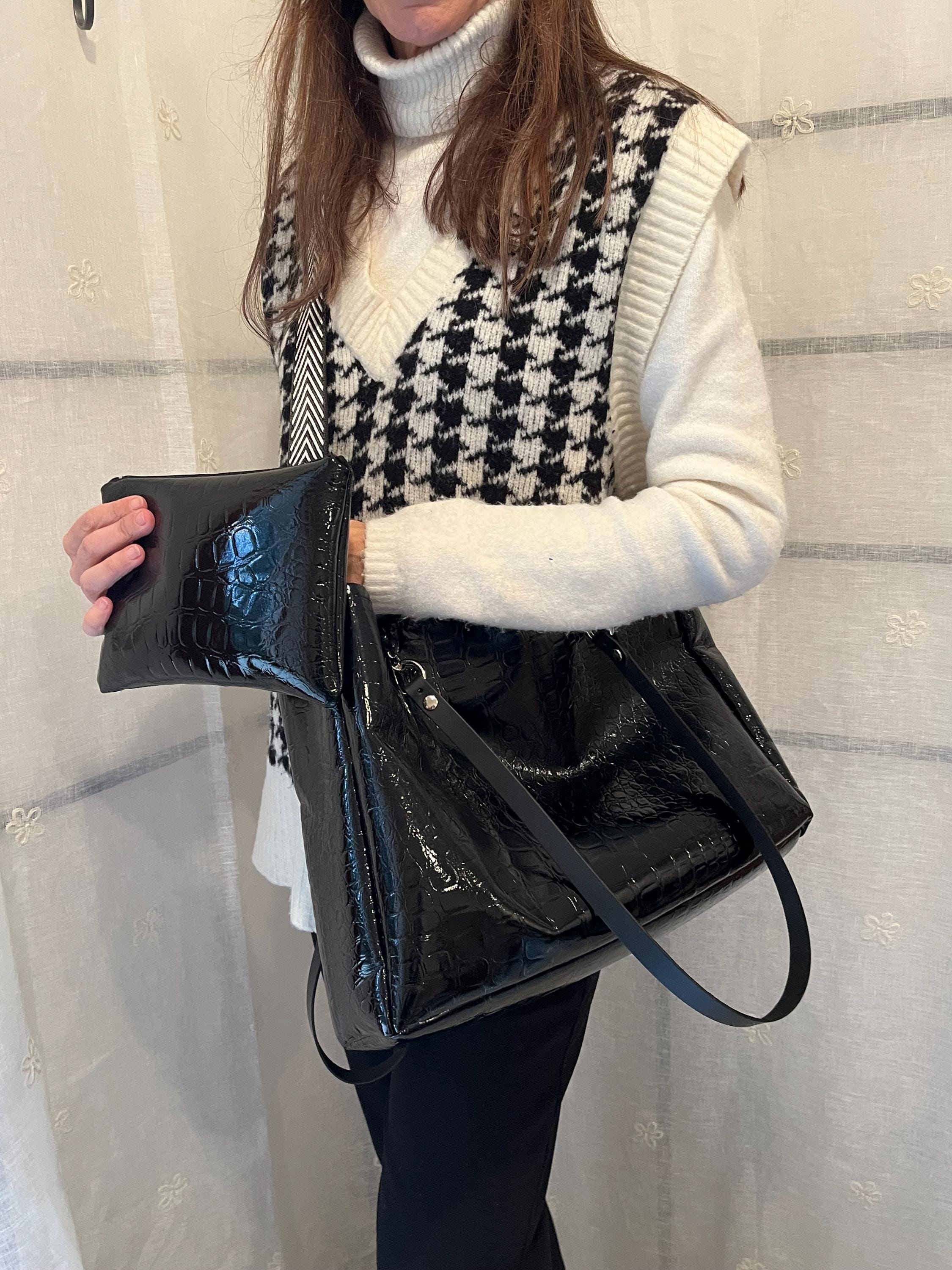 BORSA TOTE NERA Effetto Cocco Vegan con Tracolla e Pochette – Shopper Donna Artigianale Elegante per Lavoro, Tempo Libero e Laptop