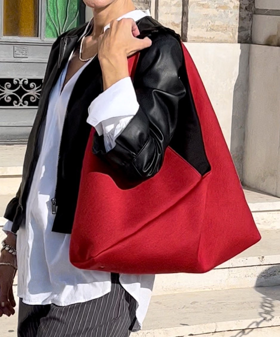 BORSA TOTE ORIGAMI Bento Grande in Neoprene Rosso Impermeabile con Interno Nero-made in Italy