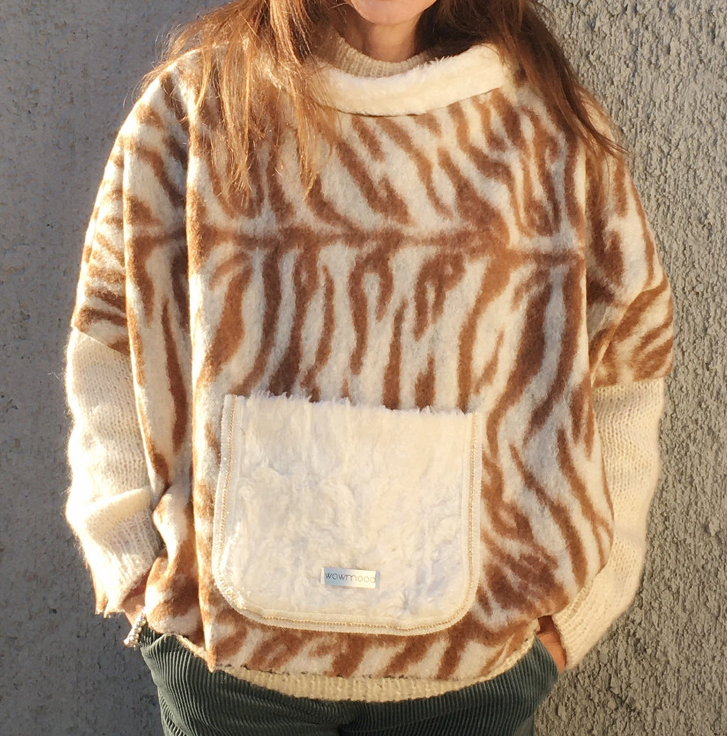 PONCHO LANA CORTO, Poncho Zebrato Lana-Ecopelliccia, Poncho con Collo, Poncho Donna con Tasca, Poncho fatto a mano