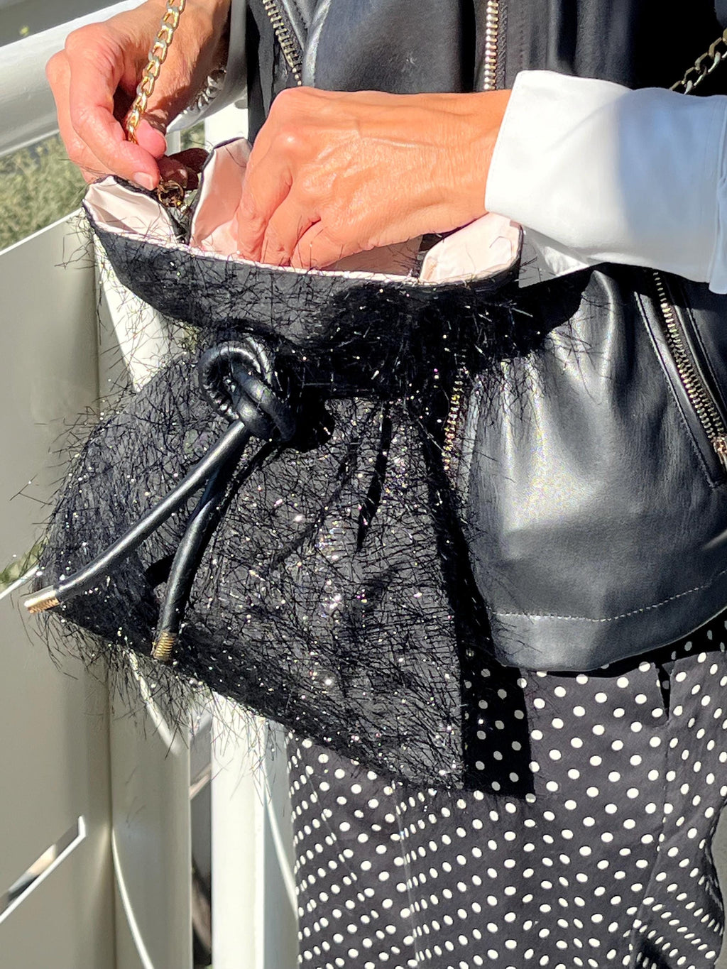 BORSA SECCHIELLO A TRACOLLA-Morbida Borsa a Coulisse con Rouche-Borsa di Lusso Donna-Borsa Cerimonia/Evento-Borsa Donna fatta a mano