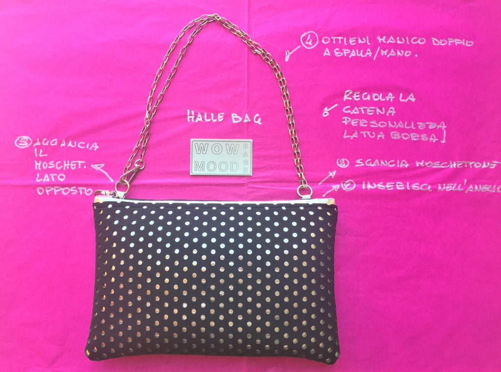 BORSA NERA NEOPRENE-Borsa Nera Neoprene Traforato Fondo Oro-Pochette Nera Oro-Borsa rettangolare a mano/spalla/tracolla regolabile