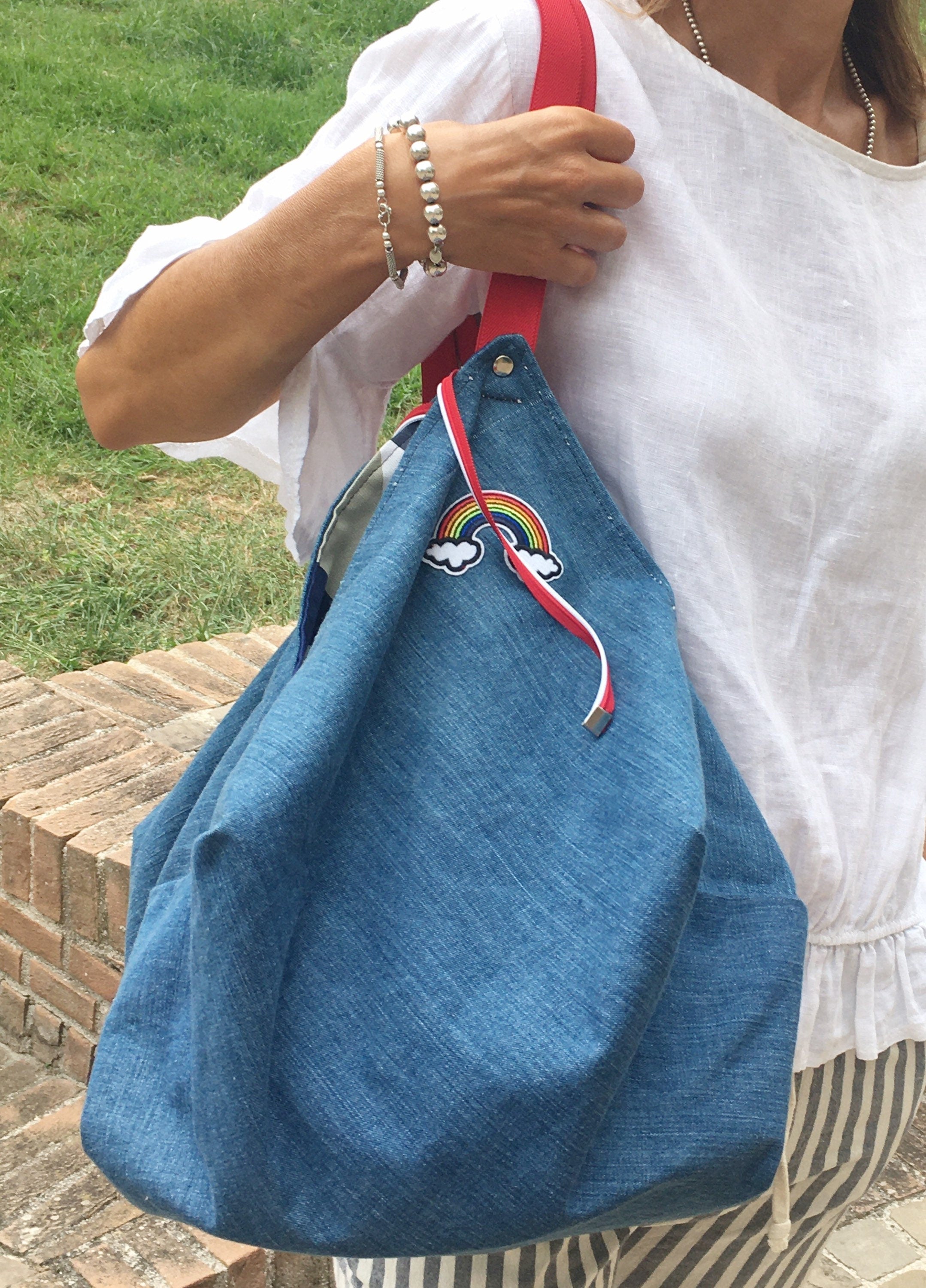 GRANDE BORSA SPALLA Reversibile-Borsa Viaggio Donna con Pochette-Borsa Business regalo per lei, Borsa in Denim-Borsa Viaggio-Zaino Donna