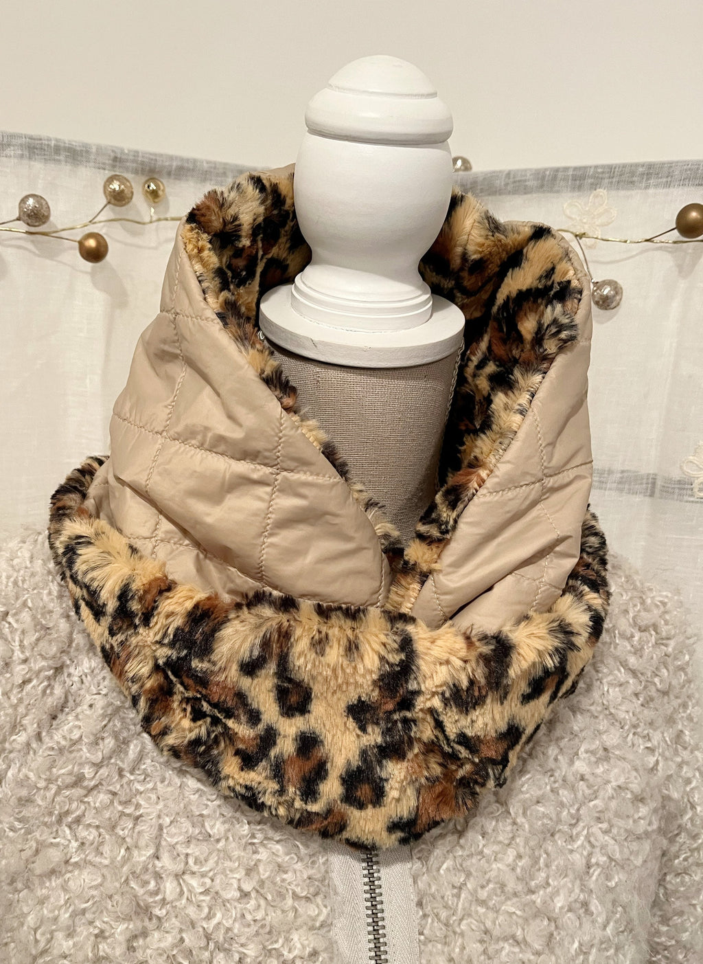 COLLO LEOPARDO  REVERSIBILE-Collo ad Anello Double Face-Scaldacollo Eco-pelliccia/Trapuntato Impermeabile-Scaldacollo Caldo-Regalo Natale