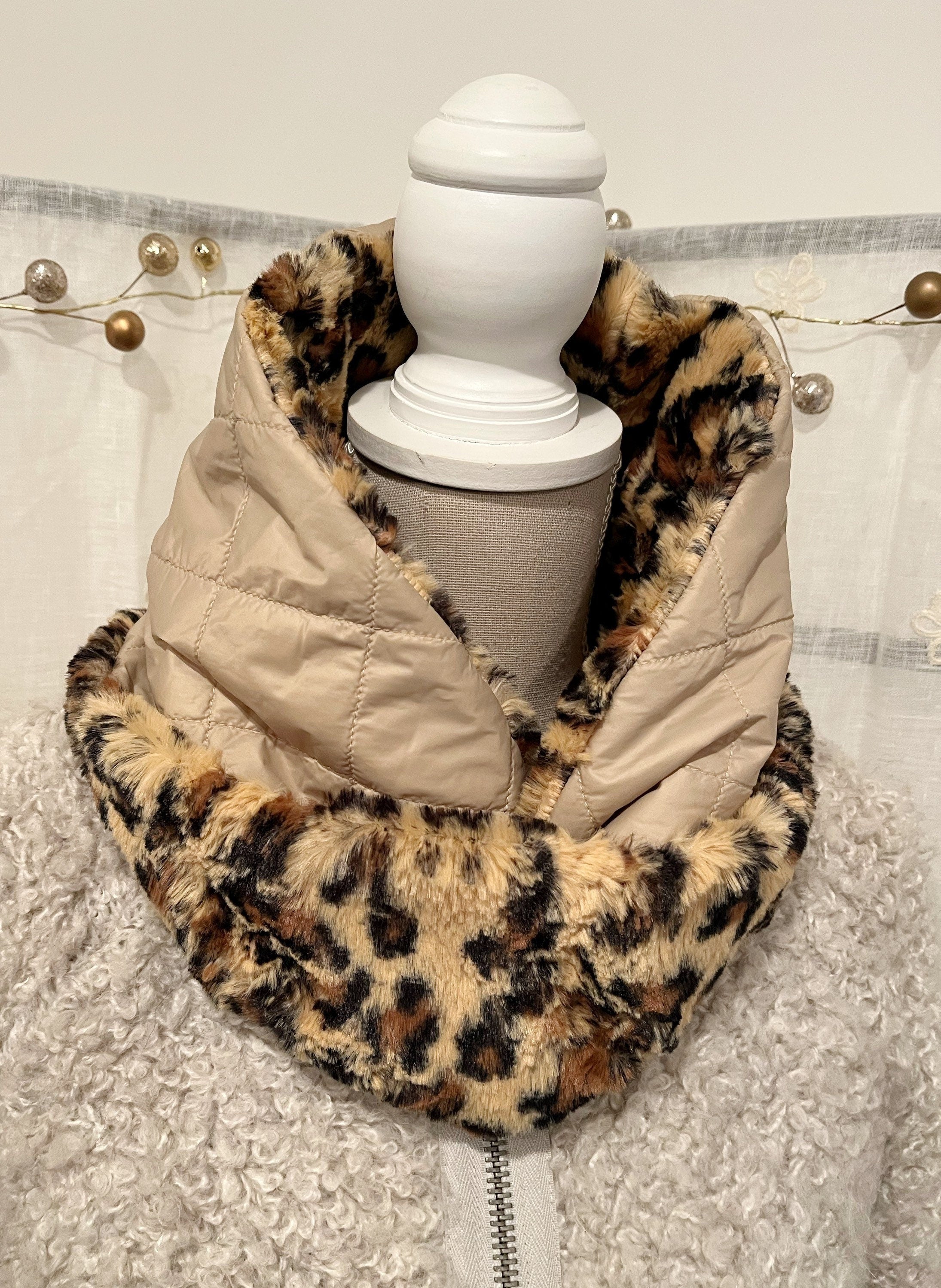 COLLO LEOPARDO  REVERSIBILE-Collo ad Anello Double Face-Scaldacollo Eco-pelliccia/Trapuntato Impermeabile-Scaldacollo Caldo-Regalo Natale