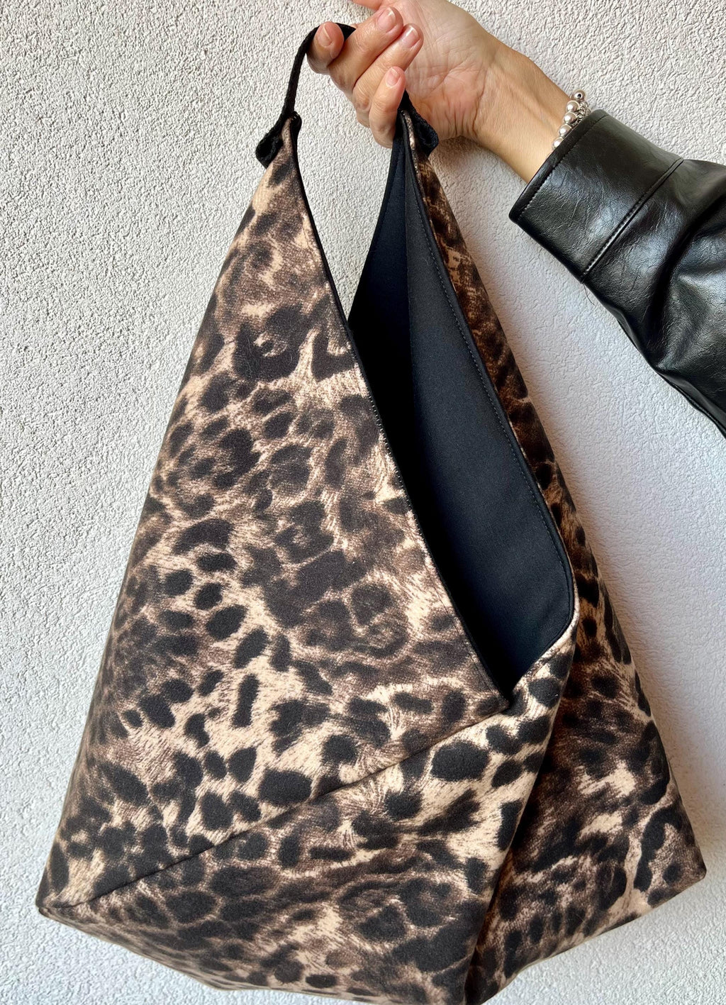 BORSA TOTE ORIGAMI Bento Grande in Velur Animalier Beige-Nero/Interno Nero-Borsa spalla donna made in Italy