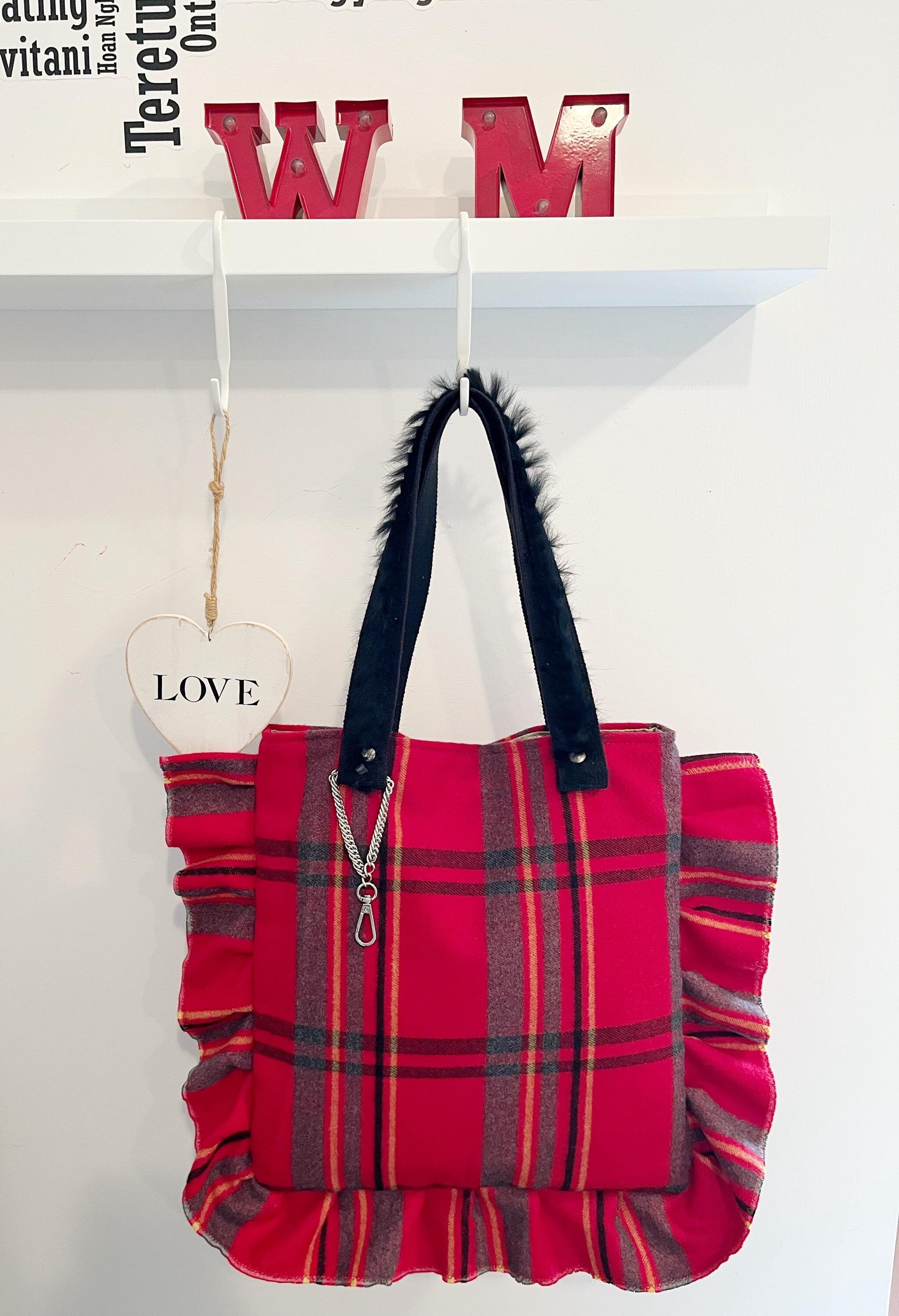 BORSA LANA TARTAN- Shopper Donna con Volant-Borsa Plaid Lana-Borsa Donna Media Spalla/Mano-Borsa Artigianale fatta a mano