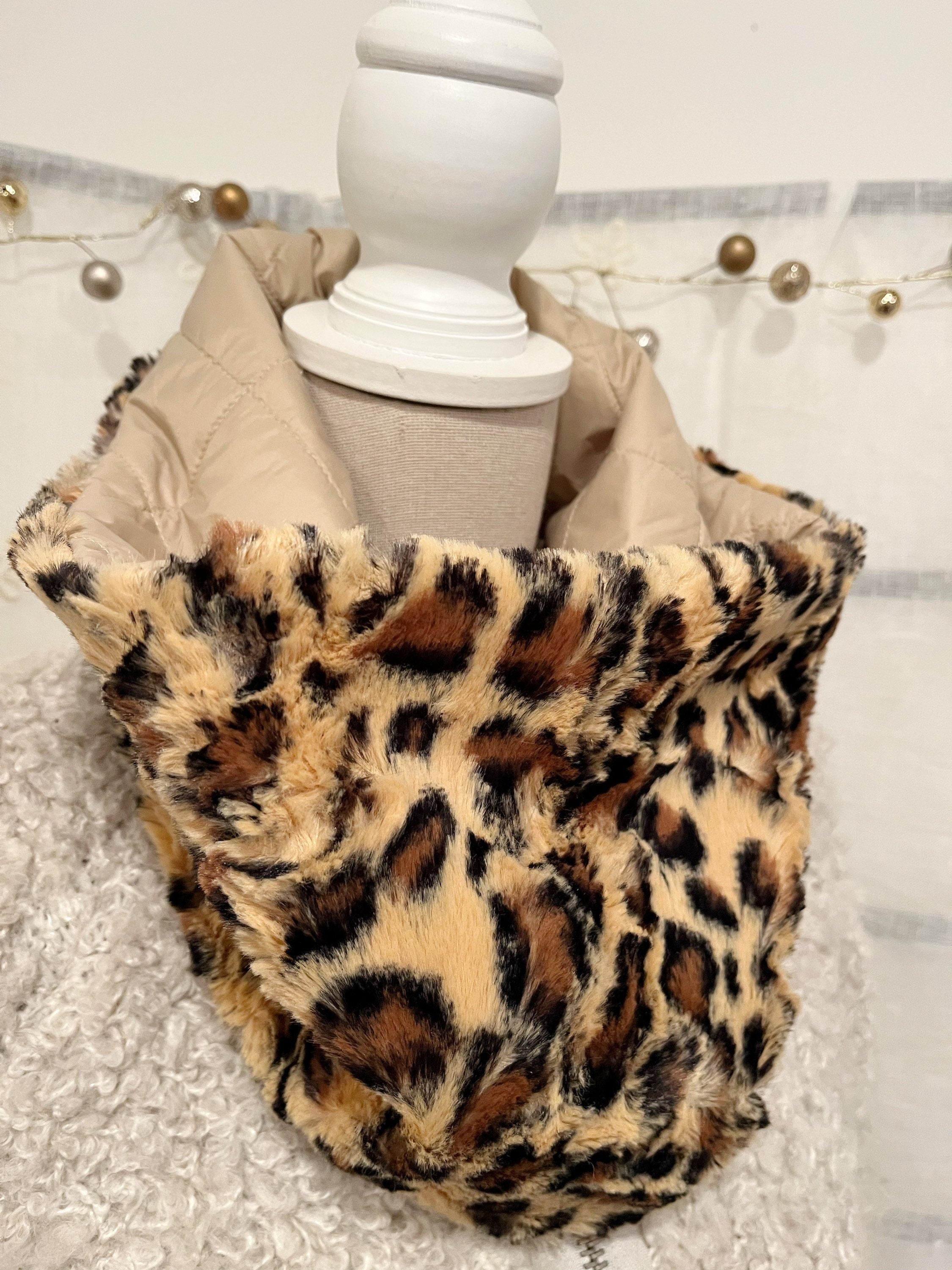 COLLO LEOPARDO  REVERSIBILE-Collo ad Anello Double Face-Scaldacollo Eco-pelliccia/Trapuntato Impermeabile-Scaldacollo Caldo-Regalo Natale