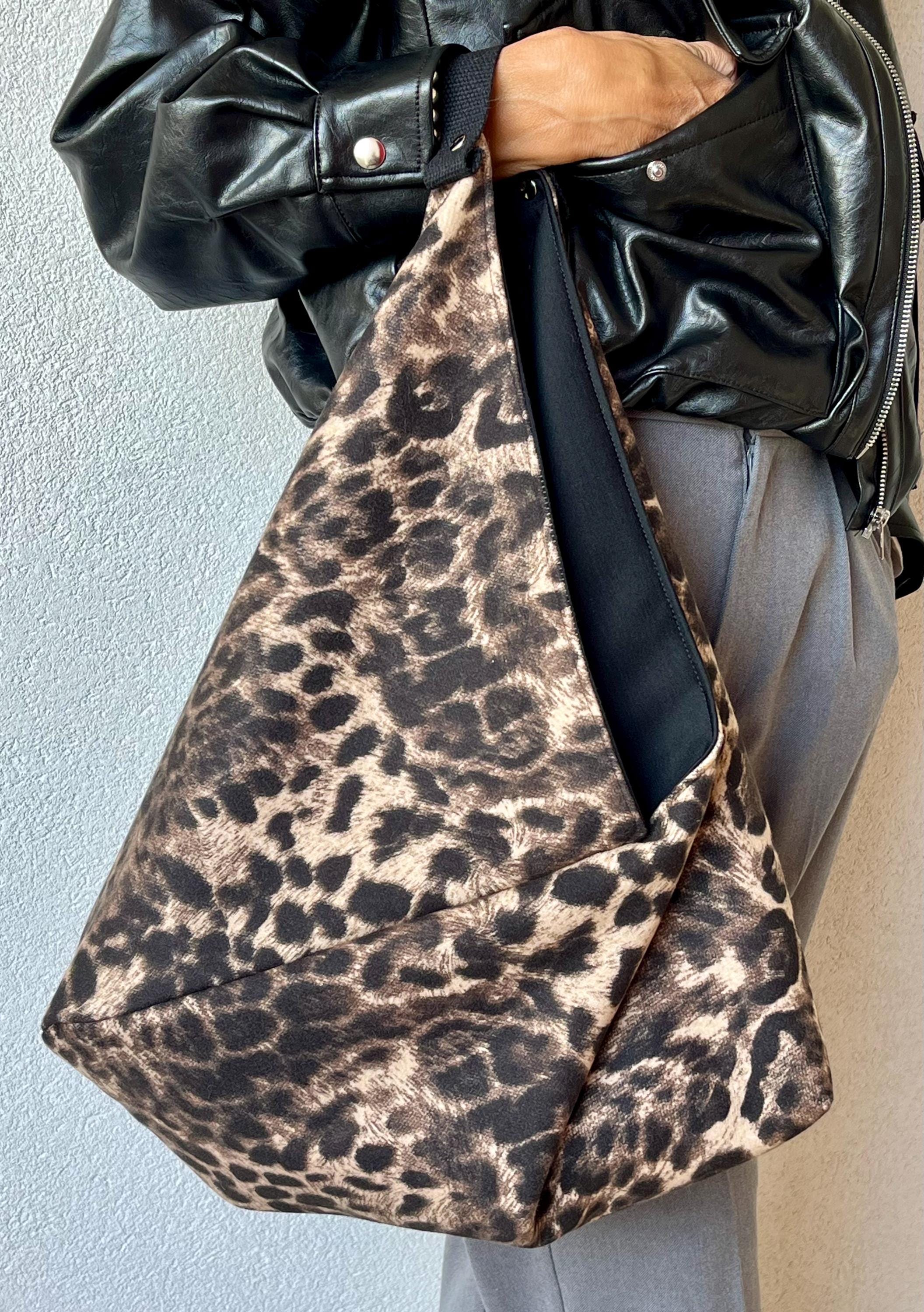 BORSA TOTE ORIGAMI Bento Grande in Velur Animalier Beige-Nero/Interno Nero-Borsa spalla donna made in Italy
