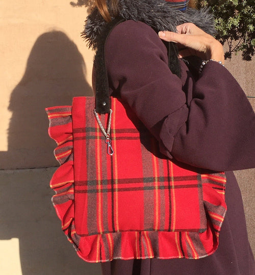 BORSA LANA TARTAN- Shopper Donna con Volant-Borsa Plaid Lana-Borsa Donna Media Spalla/Mano-Borsa Artigianale fatta a mano