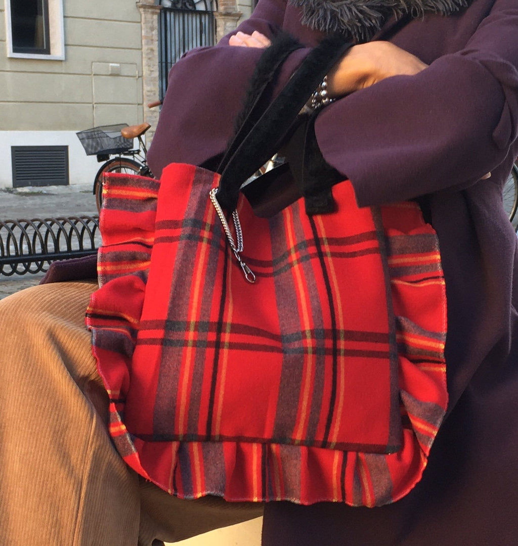 BORSA LANA TARTAN- Shopper Donna con Volant-Borsa Plaid Lana-Borsa Donna Media Spalla/Mano-Borsa Artigianale fatta a mano