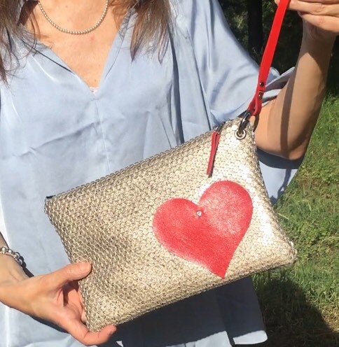 BORSA CLUTCH+POLSIERA-Clutch Donna-Borsa di Lusso-Borsa Party/Matrimoni-Clutch Paillettes+Cuore-Borsa Donna Mano/Polso-Borsa Artigianale