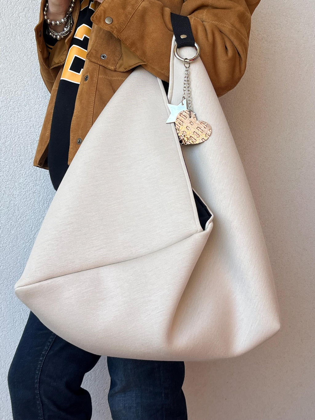 GRANDE BORSA TOTE Origami Bento in Neoprene Bianco Grezzo e Interno Nero-Made in Italy