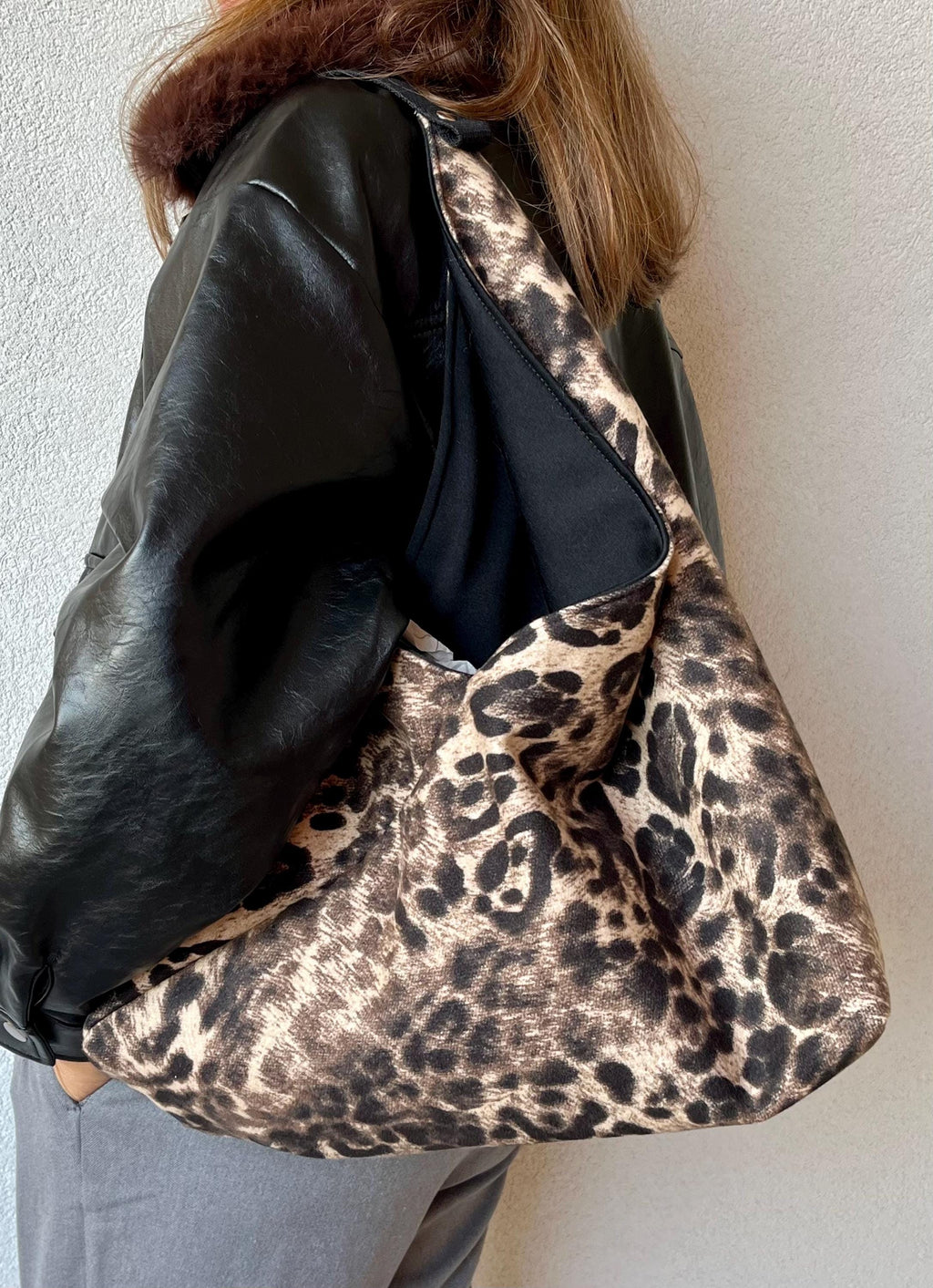 BORSA TOTE ORIGAMI Bento Grande in Velur Animalier Beige-Nero/Interno Nero-Borsa spalla donna made in Italy