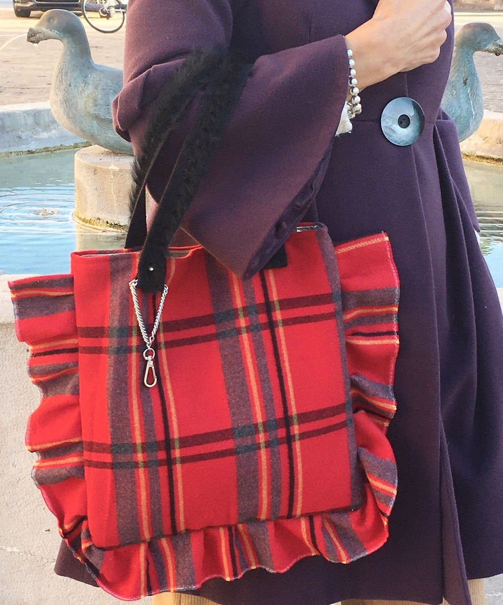 BORSA LANA TARTAN- Shopper Donna con Volant-Borsa Plaid Lana-Borsa Donna Media Spalla/Mano-Borsa Artigianale fatta a mano
