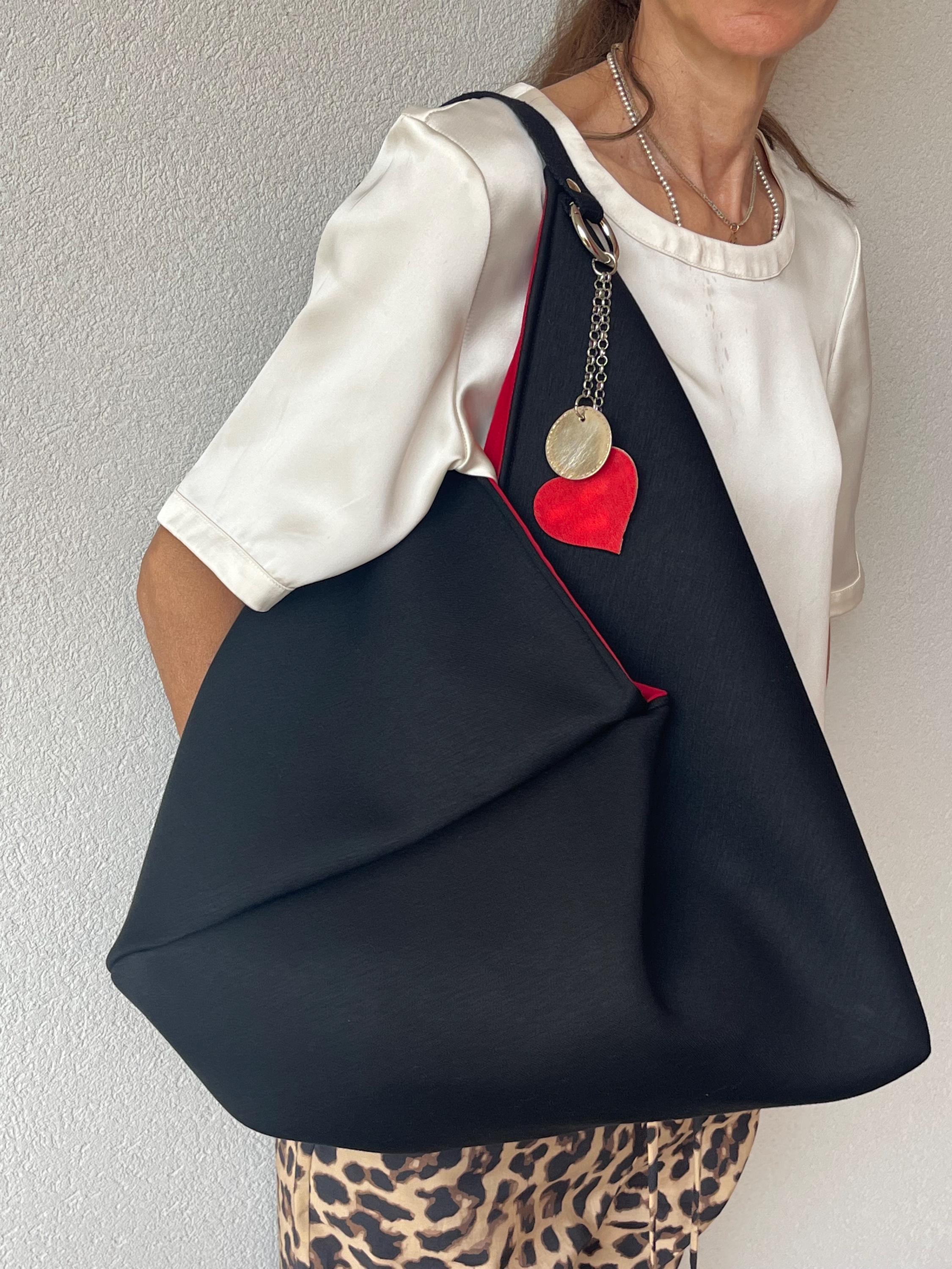 BORSA TOTE GRANDE Donna-Borsa di Lusso fatta a mano-Borsa Origami Neoprene Nero-Regalo per lei-Borsa Lavoro/Viaggio-Borsa Triangolare Donna