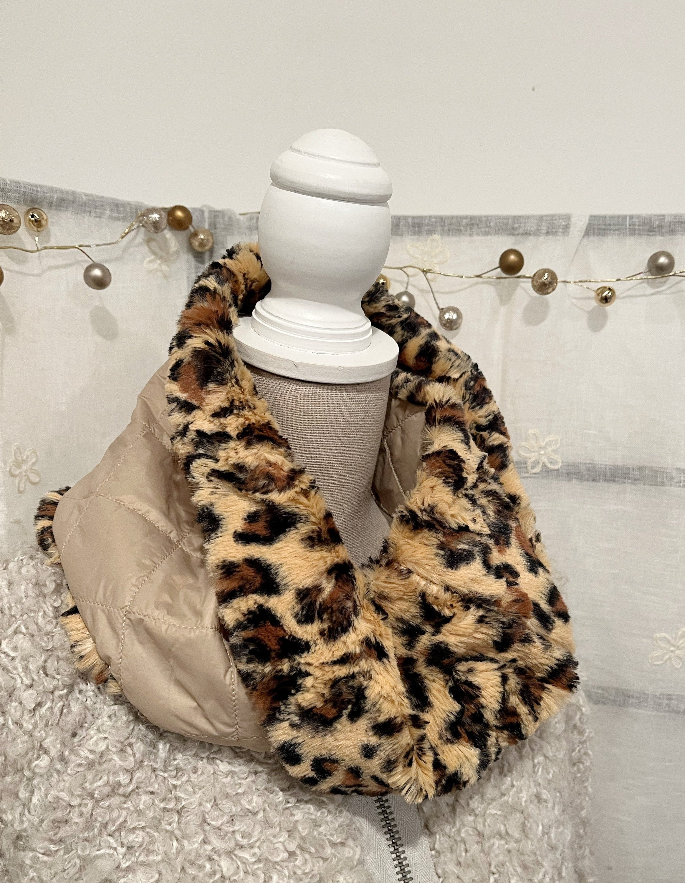 COLLO LEOPARDO  REVERSIBILE-Collo ad Anello Double Face-Scaldacollo Eco-pelliccia/Trapuntato Impermeabile-Scaldacollo Caldo-Regalo Natale