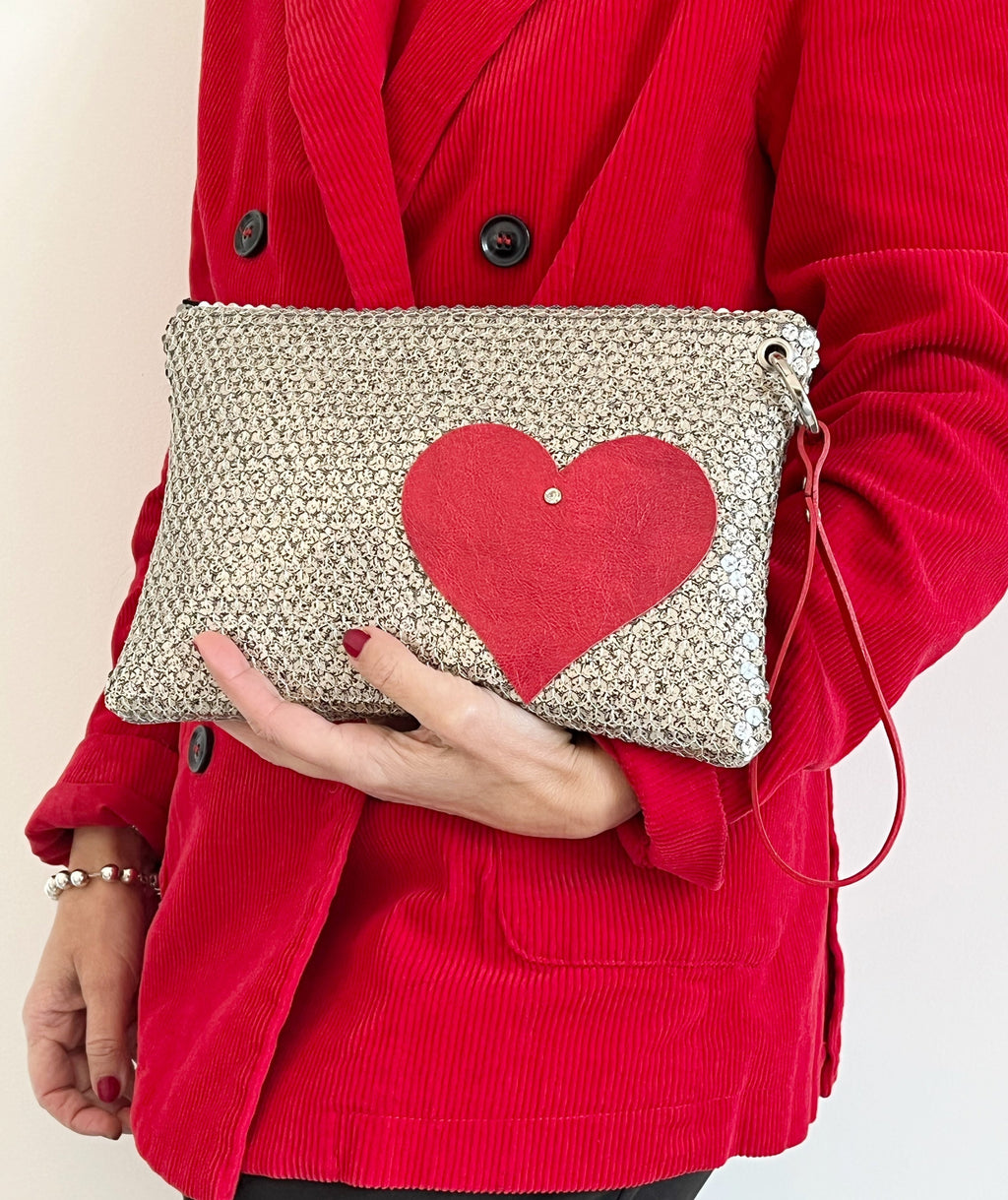 BORSA CLUTCH+POLSIERA-Clutch Donna-Borsa di Lusso-Borsa Party/Matrimoni-Clutch Paillettes+Cuore-Borsa Donna Mano/Polso-Borsa Artigianale
