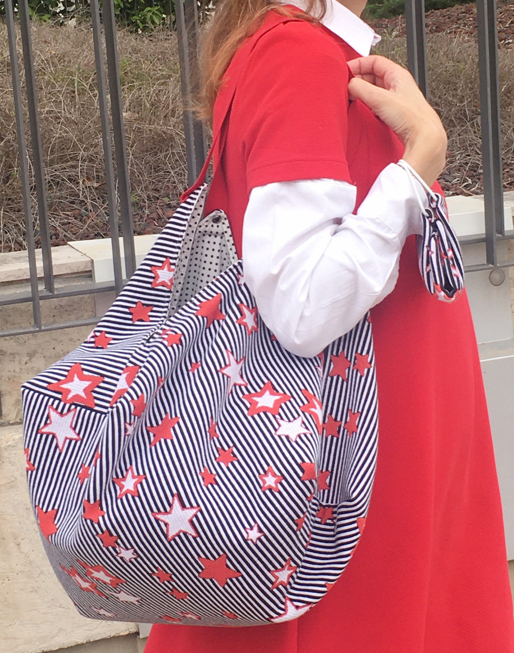 BORSA GRANDE REVERSIBILE-Borsa Origami Artigianale-Borsa Cotone Rigato Multiuso-Borsa Mare-Borsa Viaggio-Borsa Mano/Spalla