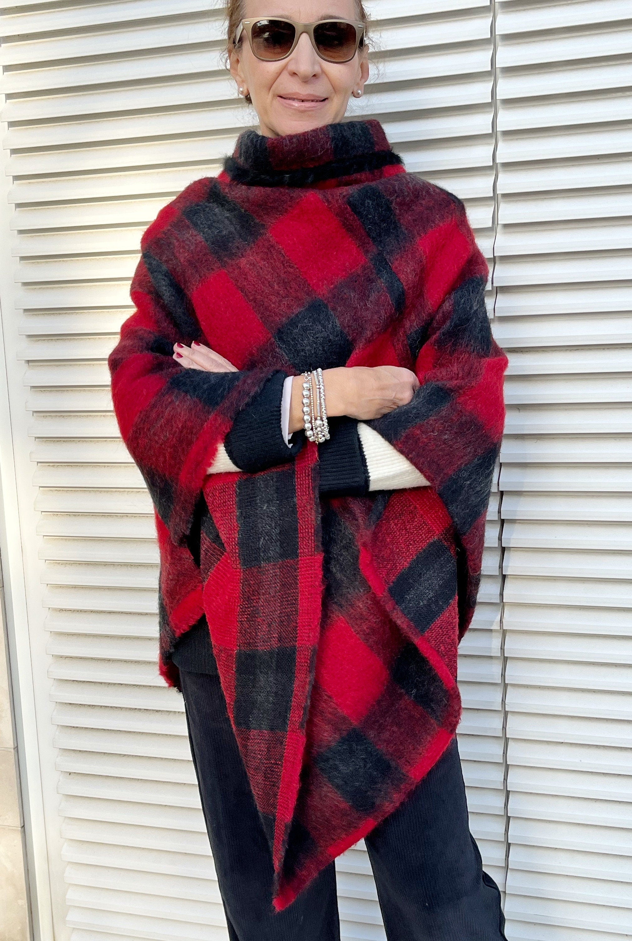 PONCHO MANTELLA DONNA -Poncho Plaid Lana&Mohair-Poncho Lungo Donna- Poncho Pullover con  Collo, Poncho Mantella Lana, Poncho fatto a mano