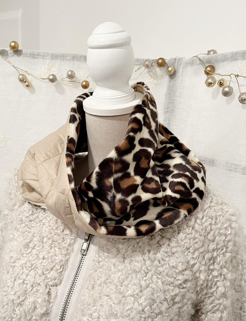 COLLO MACULATO REVERSIBILE-Collo ad Anello Double Face-Collo Eco-pelliccia/Trapuntato Impermeabile-Collo Alto Caldo-Regalo Natale