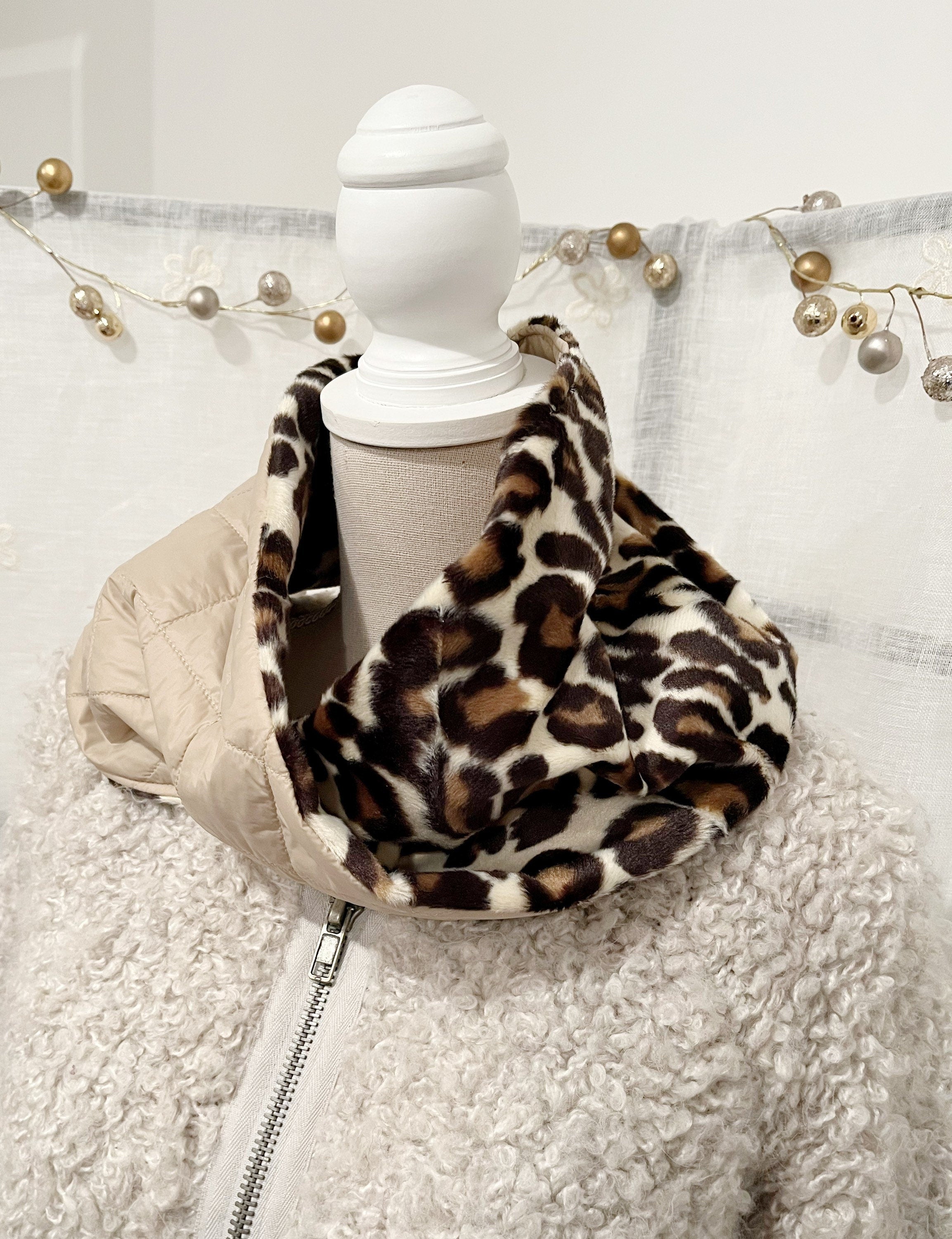 COLLO MACULATO REVERSIBILE-Collo ad Anello Double Face-Collo Eco-pelliccia/Trapuntato Impermeabile-Collo Alto Caldo-Regalo Natale