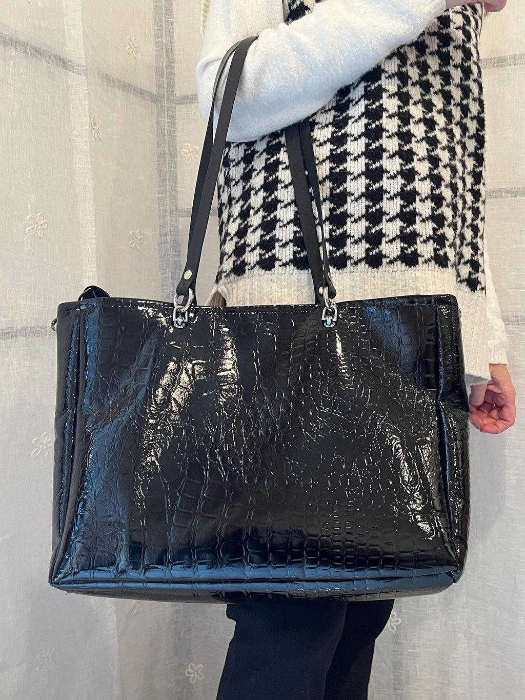 BORSA SHOPPER NERA Cocco Vegan con Tracolla e Pochette – Borsa Donna Grande a Mano o Spalla, Elegante per Lavoro e Tempo Libero
