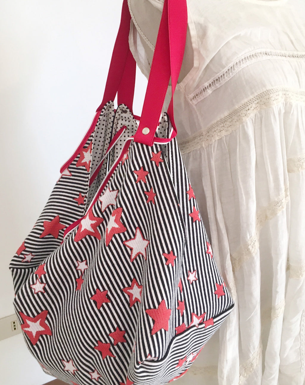 BORSA GRANDE REVERSIBILE-Borsa Origami Artigianale-Borsa Cotone Rigato Multiuso-Borsa Mare-Borsa Viaggio-Borsa Mano/Spalla