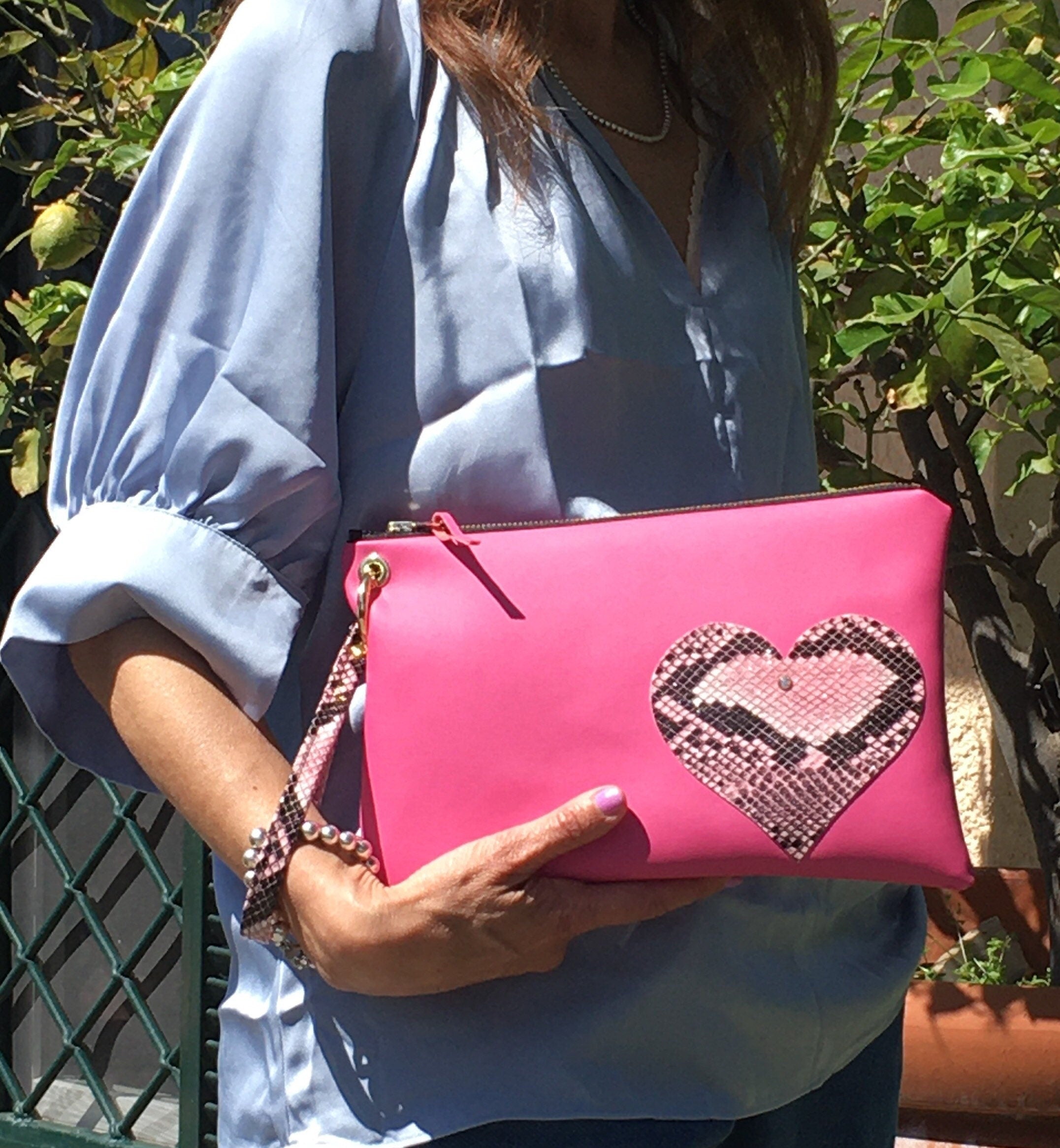 CLUTCH BARBIE CUORE -Clutch Donna con Polsiera-Borsa di Lusso-Borsa Party/Matrimoni-Clutch Ecopelle Cuore-Borsa Mano/Polso-Borsa Artigianale
