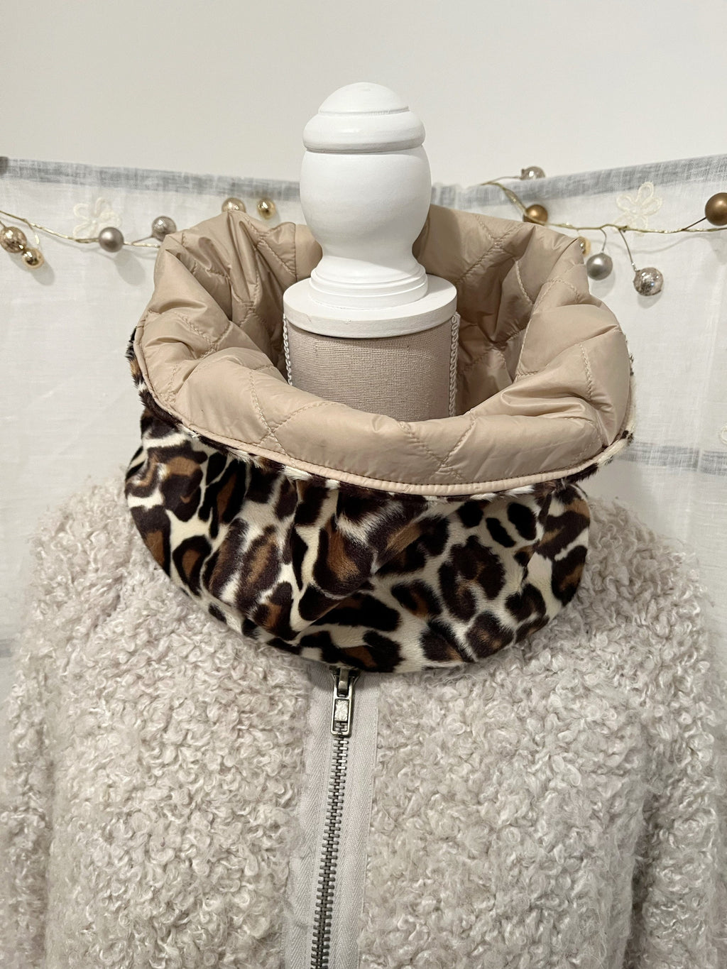 COLLO MACULATO REVERSIBILE-Collo ad Anello Double Face-Collo Eco-pelliccia/Trapuntato Impermeabile-Collo Alto Caldo-Regalo Natale