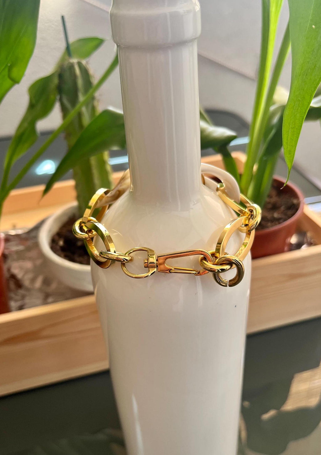 BRACCIALE MAGLIE ACRILICHE-Bracciale Donna Osso&Catena Oro-Bracciale Maglia Piatta Larga-Bracciale Personalizzabile-Regalo Per Lei
