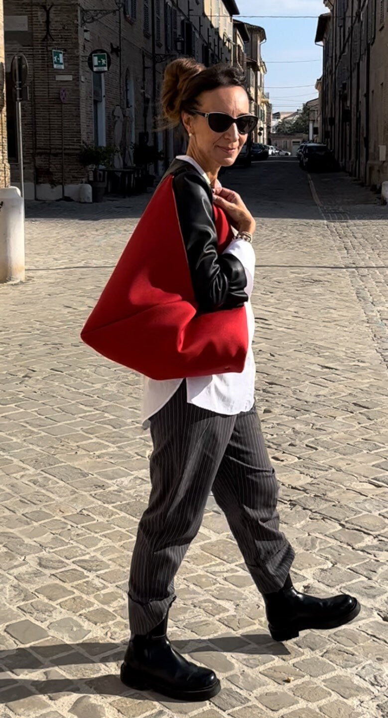 BORSA TOTE ORIGAMI Bento Grande in Neoprene Rosso Impermeabile con Interno Nero-made in Italy