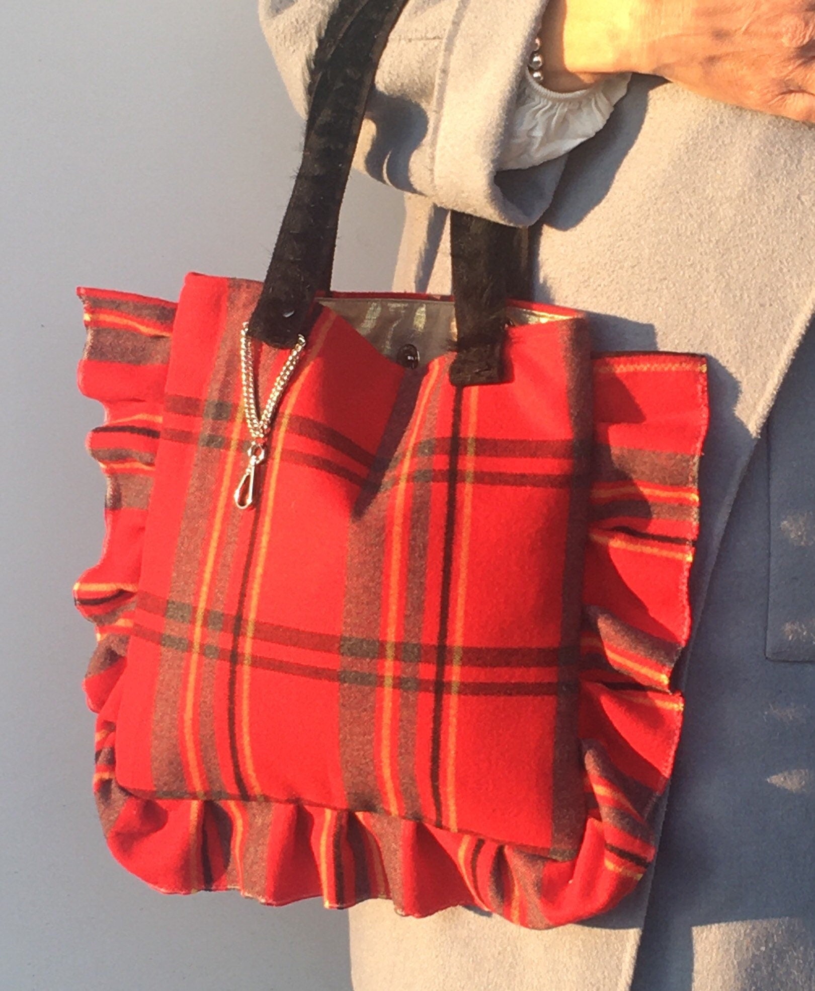 BORSA LANA TARTAN- Shopper Donna con Volant-Borsa Plaid Lana-Borsa Donna Media Spalla/Mano-Borsa Artigianale fatta a mano