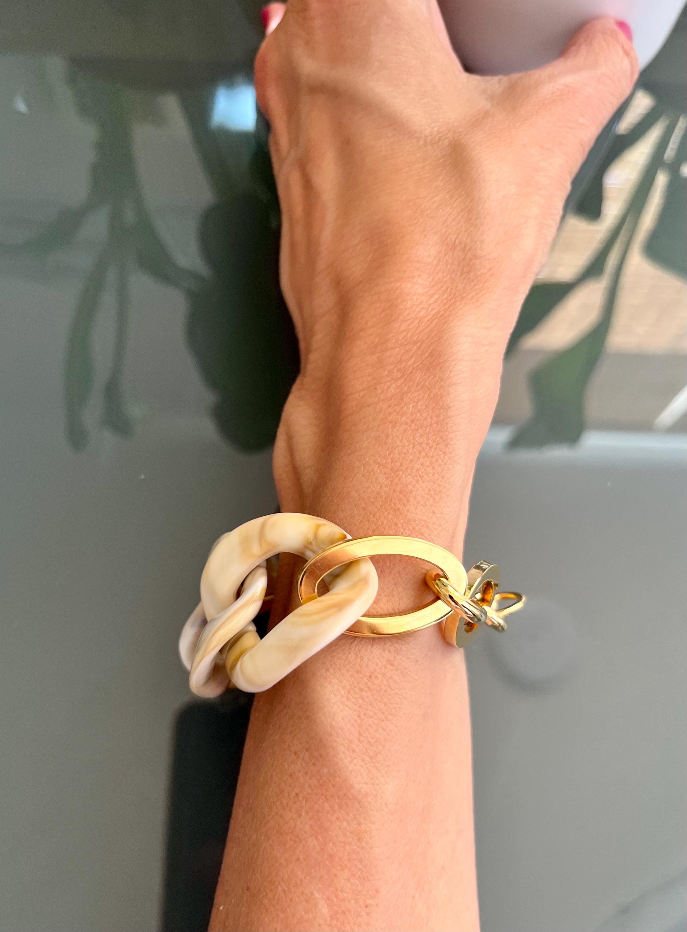 BRACCIALE MAGLIE ACRILICHE-Bracciale Donna Osso&Catena Oro-Bracciale Maglia Piatta Larga-Bracciale Personalizzabile-Regalo Per Lei