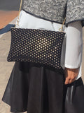 BORSA NERA NEOPRENE-Borsa Nera Neoprene Traforato Fondo Oro-Pochette Nera Oro-Borsa rettangolare a mano/spalla/tracolla regolabile